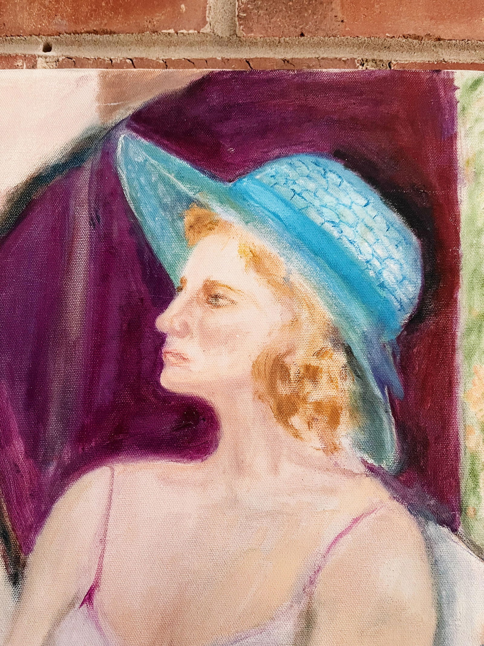 Vintage Portrait Painting of Woman Wearing a Floral Dress and Blue Hat - 3