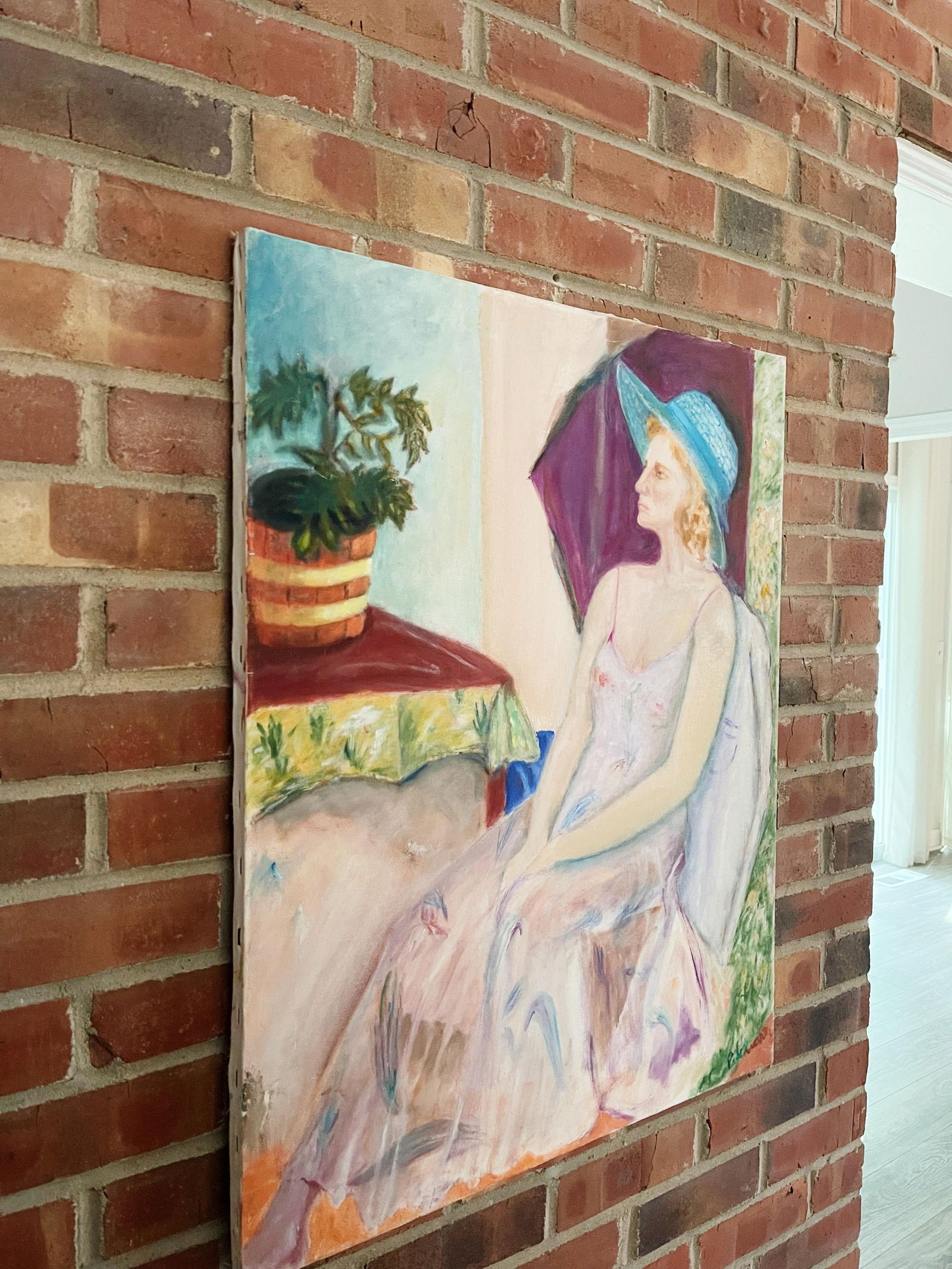 Vintage Portrait Painting of Woman Wearing a Floral Dress and Blue Hat - 5