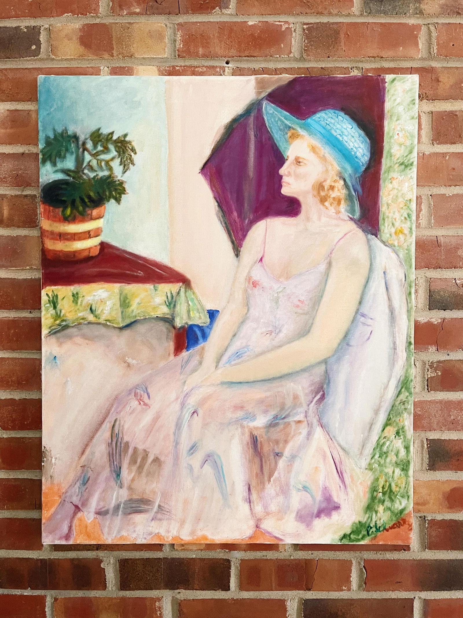 Vintage Portrait Painting of Woman Wearing a Floral Dress and Blue Hat - 7