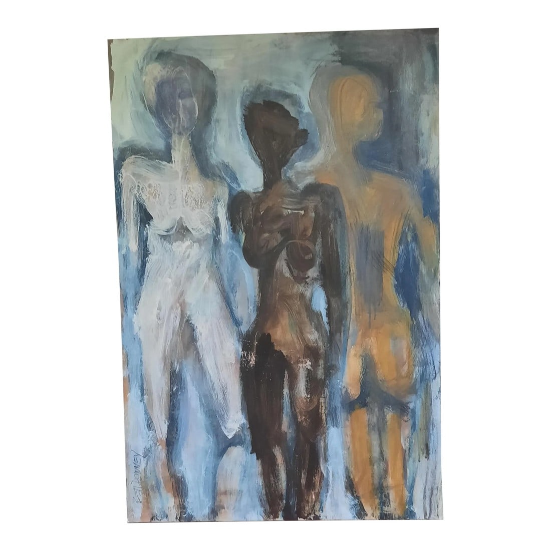 Beth Downey Abstract Figurative Painting: This acrylic on canvas abstract figurative painting is by artist, Beth Downey. This painting has wonderful washy shafes of gray, slate, gold and brown.. Originally signed lowerleft. Condition: Imperfe