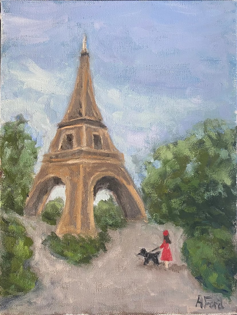 "At the Eiffel Tower" Contemporary Original Oil Painting by Alice Ford: At The Eiffel Tower by Alice Ford. Oil on stretched canvas. Girl and her dog series. Condition: Imperfections: No Imperfections Condition Notes: No imperfections Dimensions: Height: 12 in. Width: 9 in