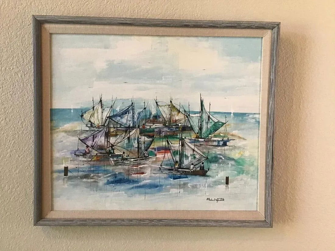 1980s Original Haitian Sailboats Oil Painting by Michel Valestin - 11