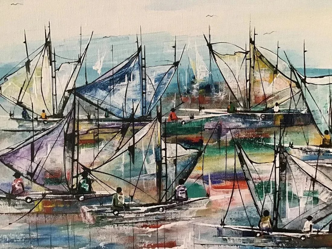 1980s Original Haitian Sailboats Oil Painting by Michel Valestin - 2