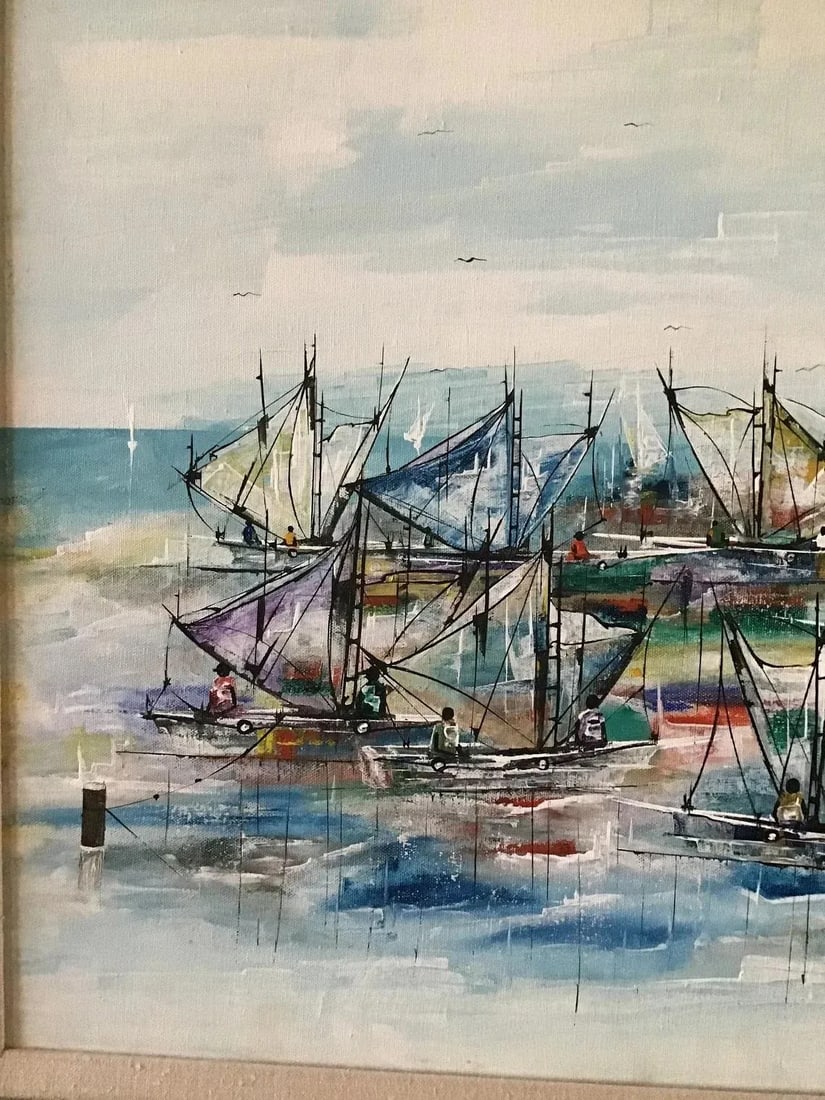 1980s Original Haitian Sailboats Oil Painting by Michel Valestin - 6