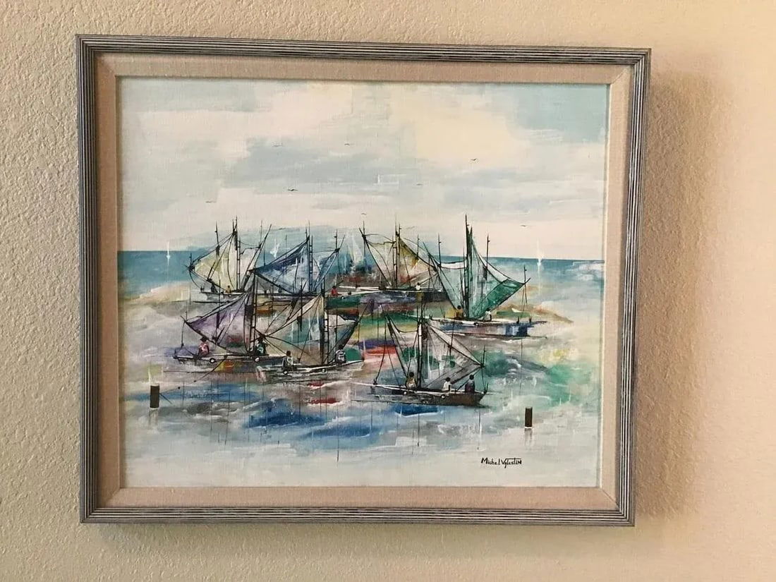 1980s Original Haitian Sailboats Oil Painting by Michel Valestin - 9