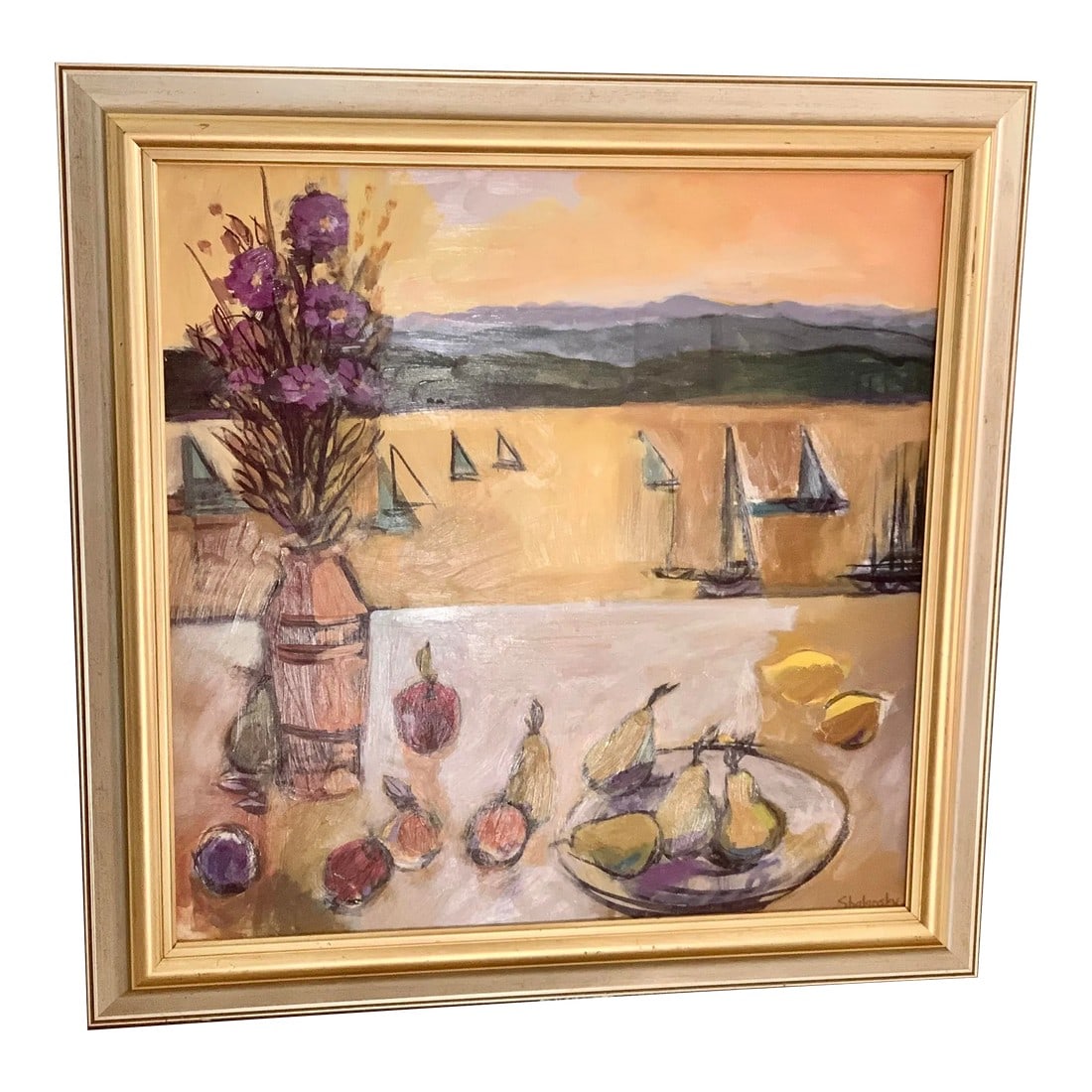 Large Vintage Serene Still-Life Sailboat Painting: Peaceful large framed vintage seascape painting of a window view through flowers and fruit on a table to a lush horizon sailboat sunset. The setting reminds me of Sausalito CA at dusk. Tranquil seasid