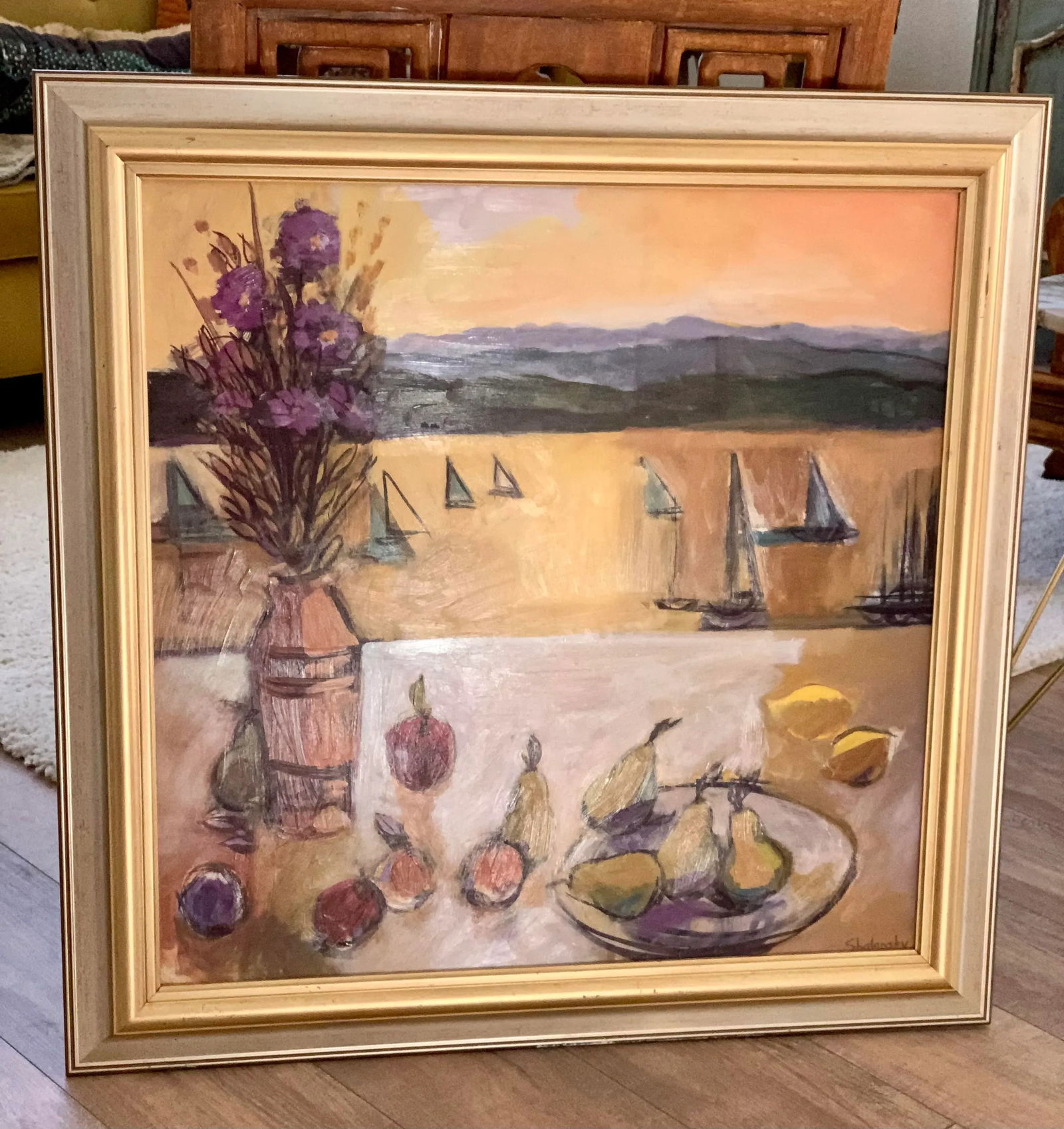 Large Vintage Serene Still-Life Sailboat Painting - 7