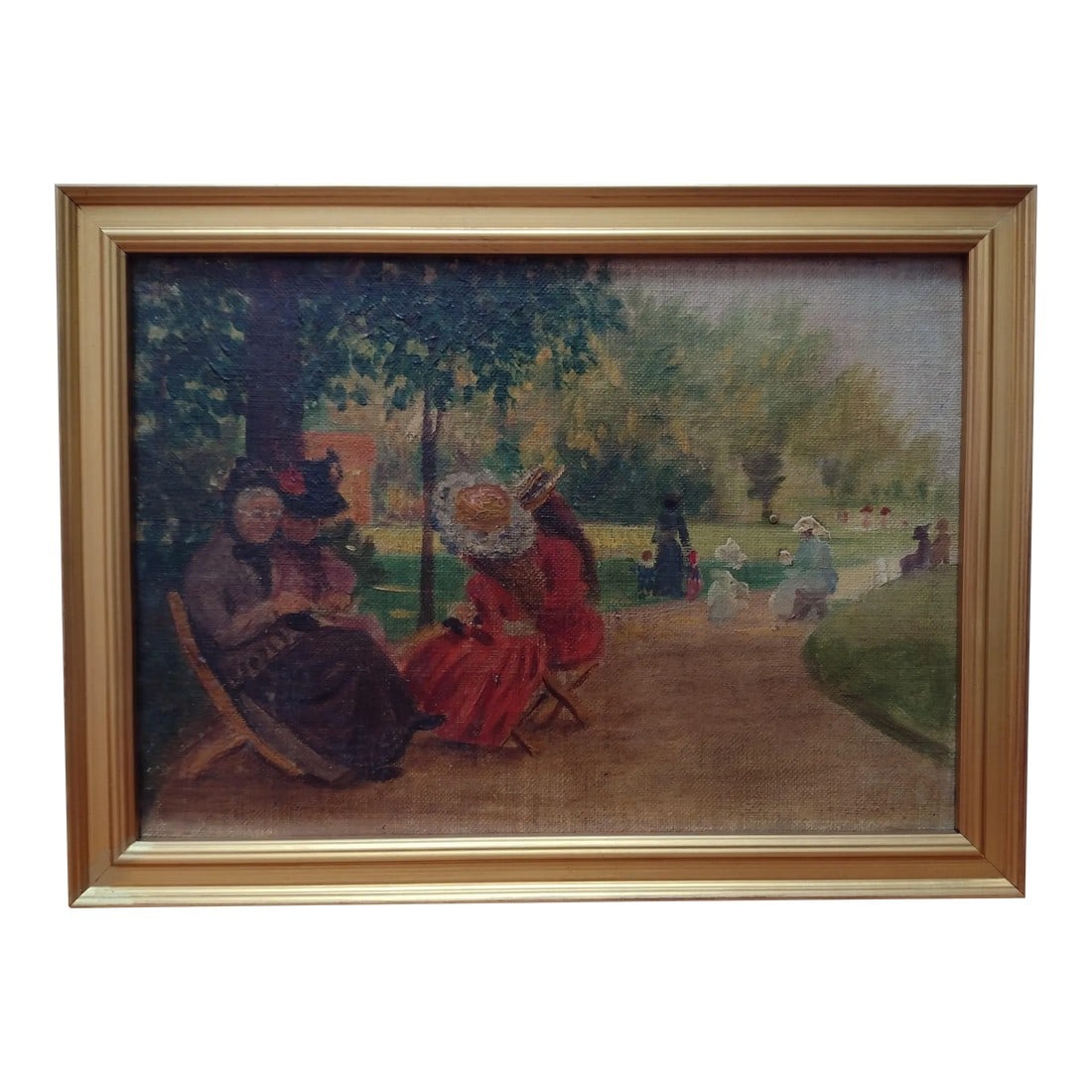 Ladies in Hyde Park London Oil on Board Vintage Painting Gold Frame 10x7: This is an original, hand-painted vintage (possibly antique) painting of women and children in a park in London, most likely Hyde Park based on the chairs. It's in an impression manner with some raise