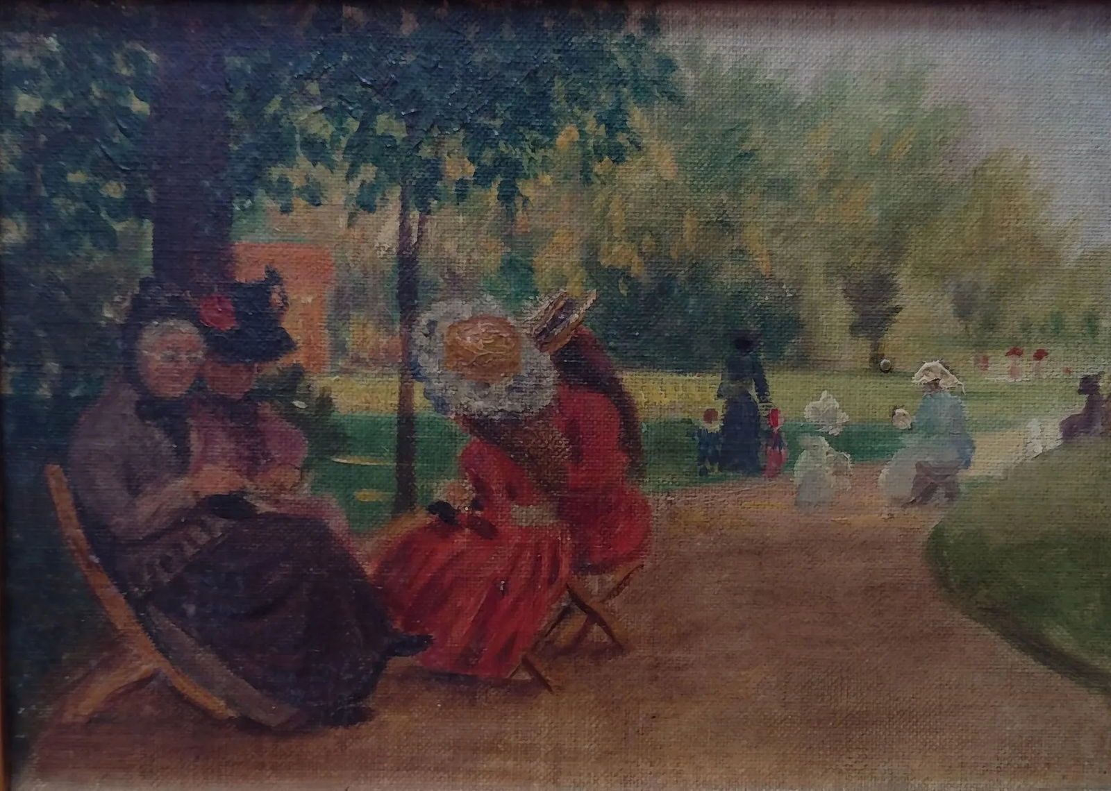 Ladies in Hyde Park London Oil on Board Vintage Painting Gold Frame 10x7 - 3