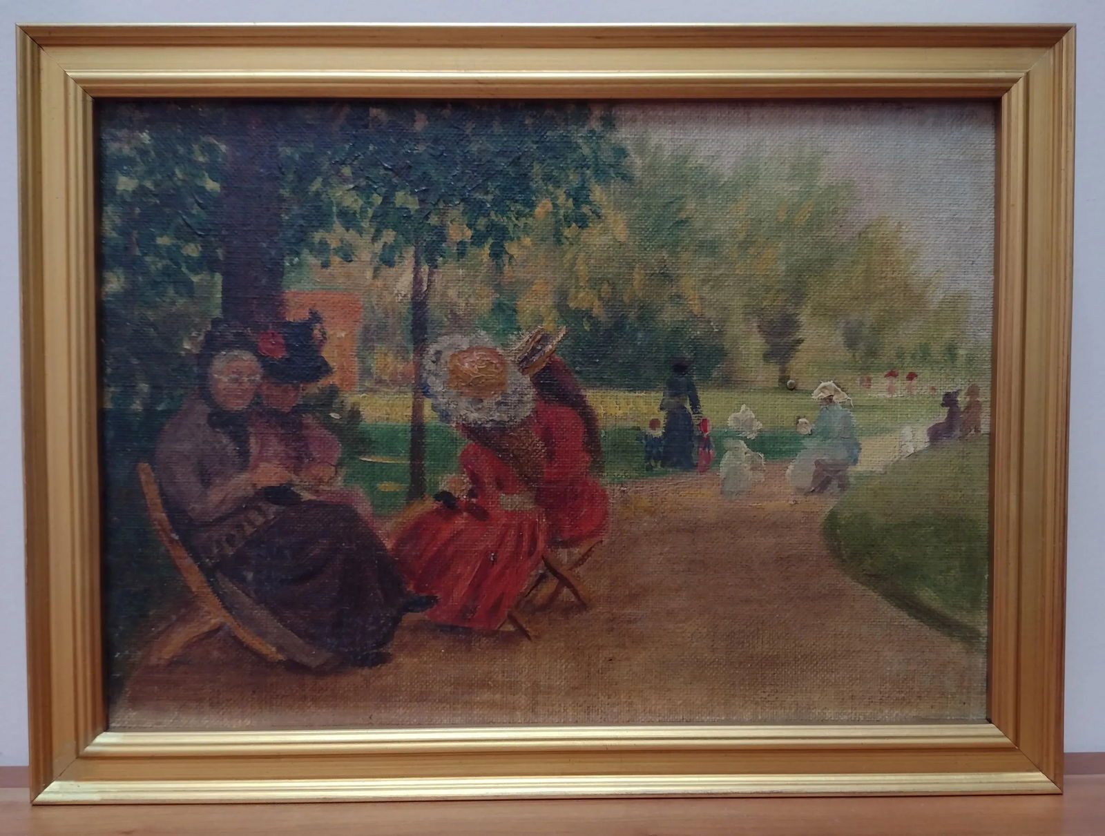 Ladies in Hyde Park London Oil on Board Vintage Painting Gold Frame 10x7 - 8