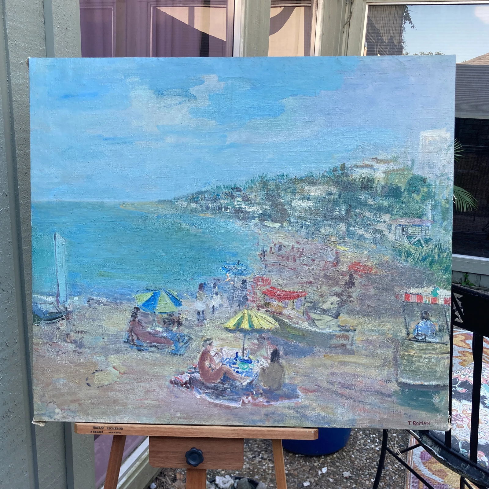 Tadeusz Roman (1906-1983) "Plaza" Beach Scene, Impressionist Oil Painting on Canvas - 12