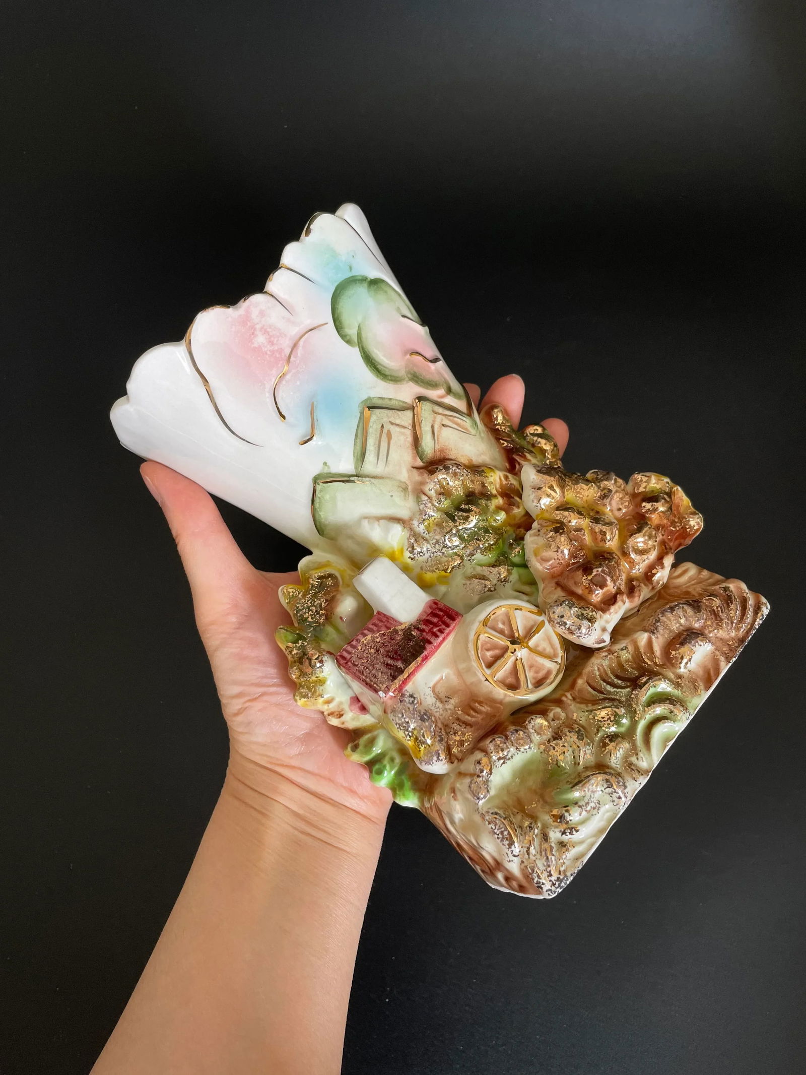 Pair Vintage Mid 20th Century Staffordshire Mill House in Woods Landscape Spill Vase With Gold Accen - 12