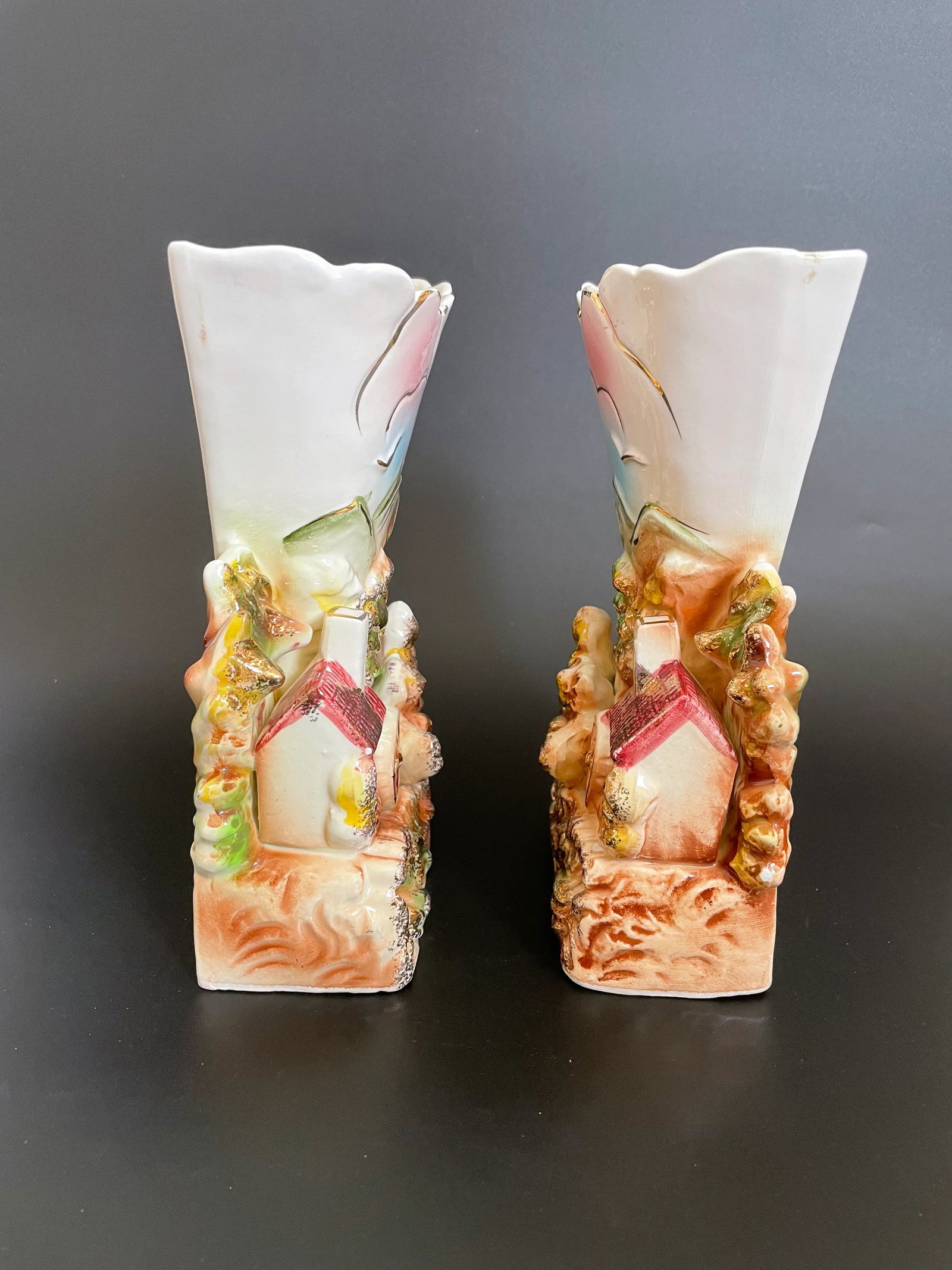 Pair Vintage Mid 20th Century Staffordshire Mill House in Woods Landscape Spill Vase With Gold Accen - 3