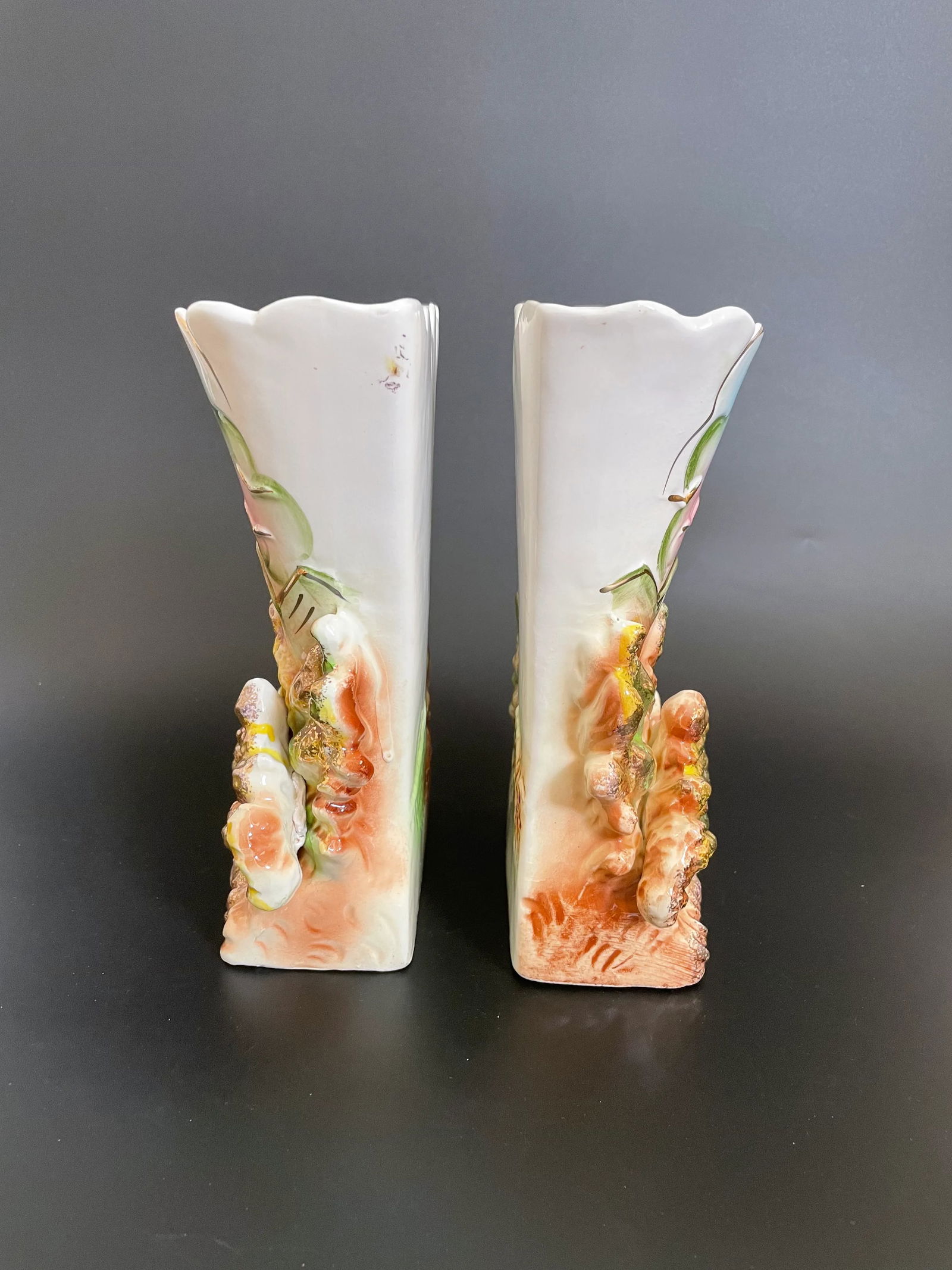 Pair Vintage Mid 20th Century Staffordshire Mill House in Woods Landscape Spill Vase With Gold Accen - 4