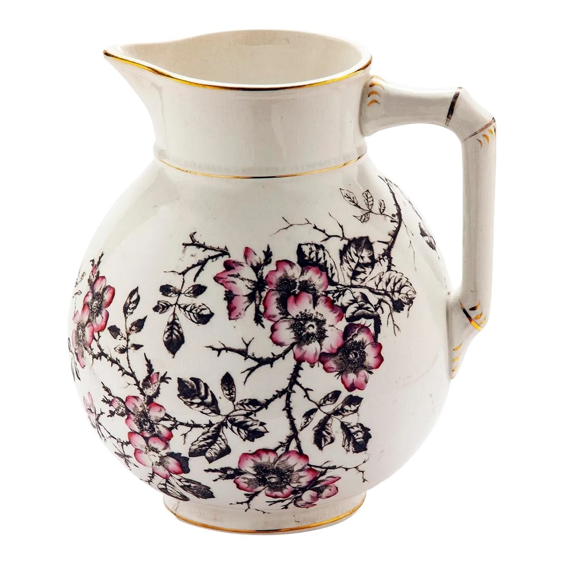 Antique Ironstone Pitcher With Pink Roses on Brown Branches: Basin pitcher made in England crafted with heavy English Ironstone & glazed with a white finish then decorated with pink rose hips branches. There are no chips or cracks. Condition: Alterations: Origi