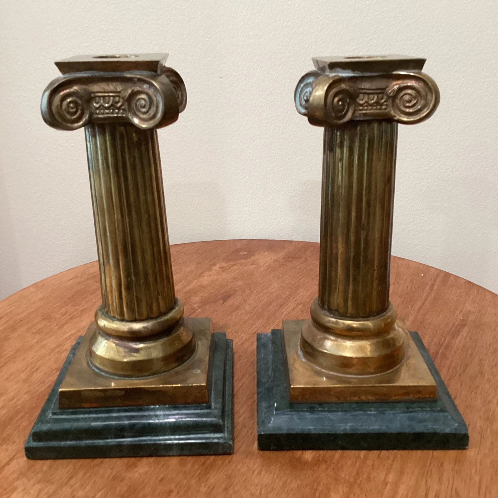 Early 20th Century Solid Brass and Malachite Candle Holders, Italy - Pair - 2