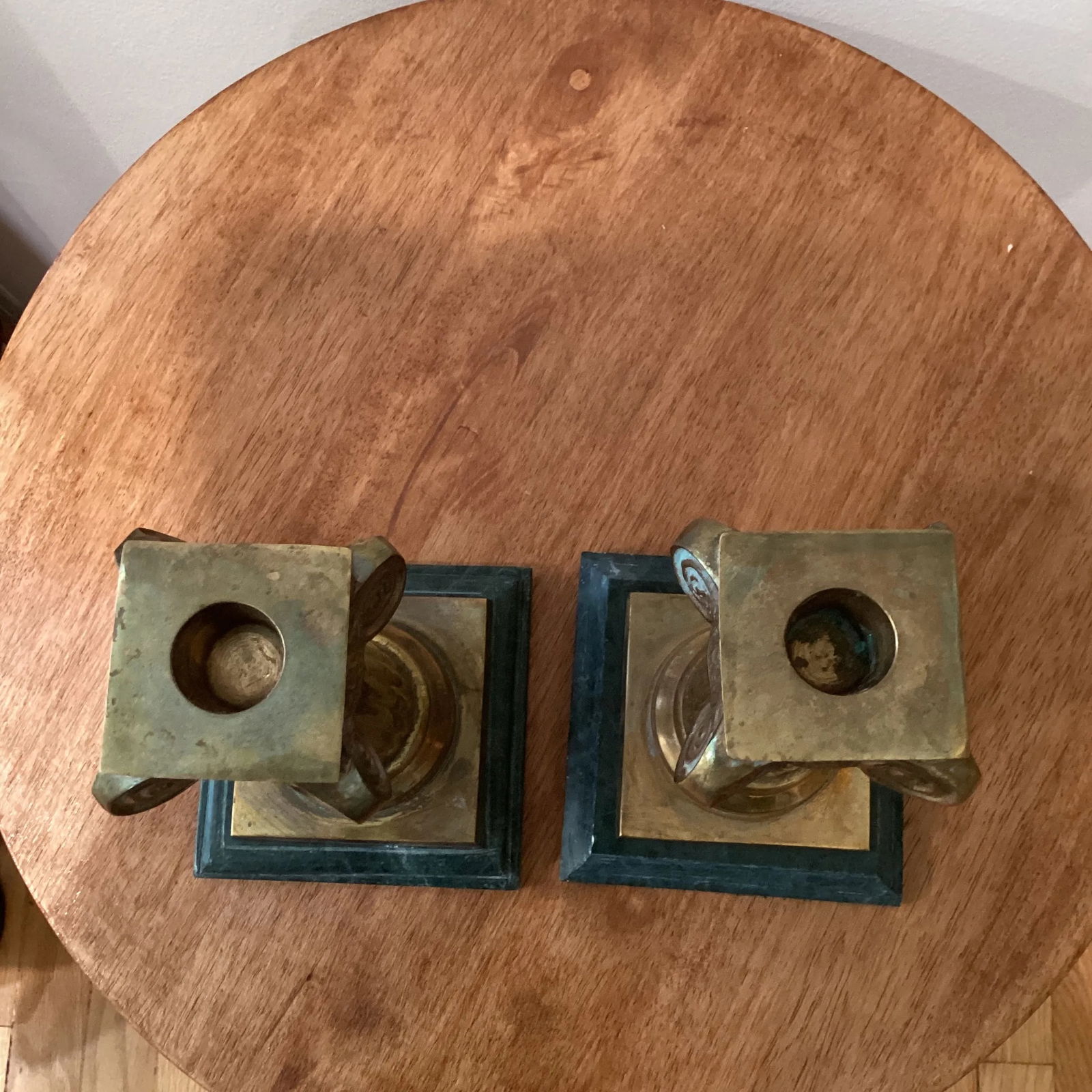Early 20th Century Solid Brass and Malachite Candle Holders, Italy - Pair - 3
