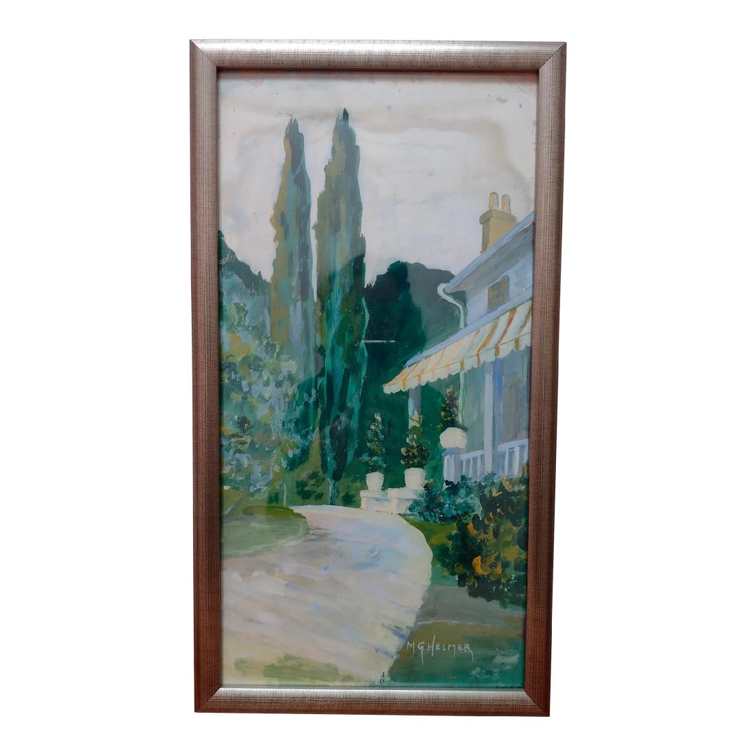 Vintage Impressionist House and Trees Green Painting, Framed: A light impressionist-style mid 20th-century watercolor/tempera painting of a house, the yard and trees. It is watercolor/tempera on paper and is under a clear acrylic sheet. It is signed MG Helmer. T