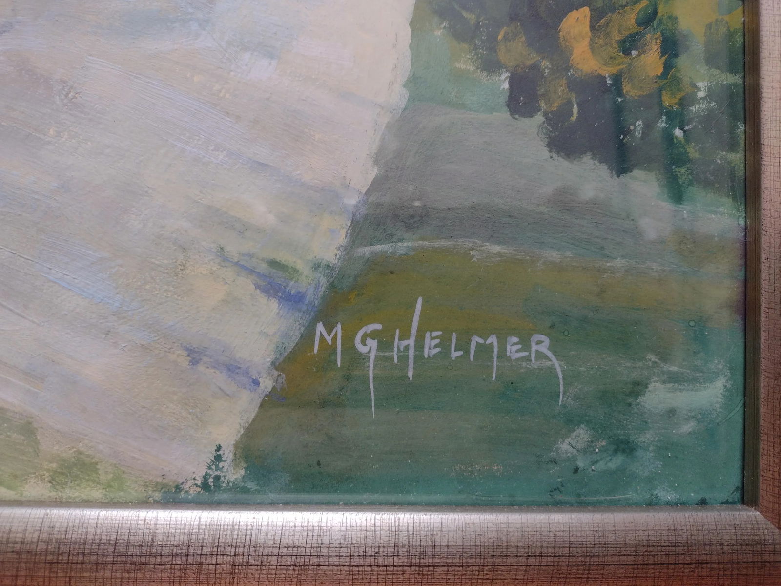 Vintage Impressionist House and Trees Green Painting, Framed - 4