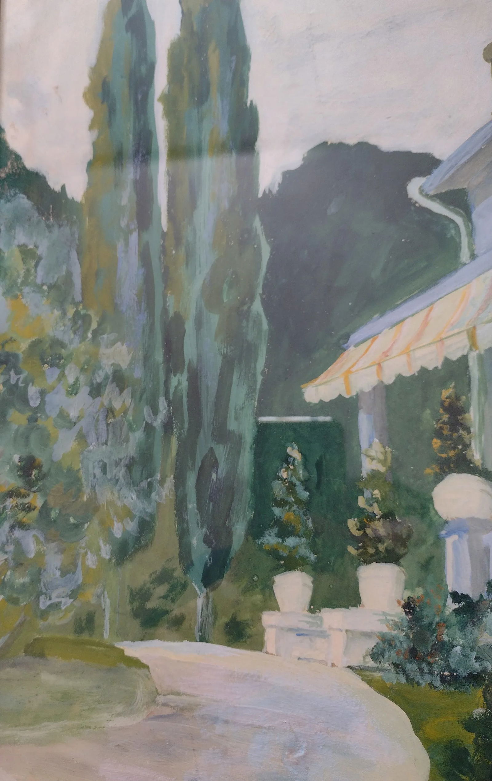 Vintage Impressionist House and Trees Green Painting, Framed - 5