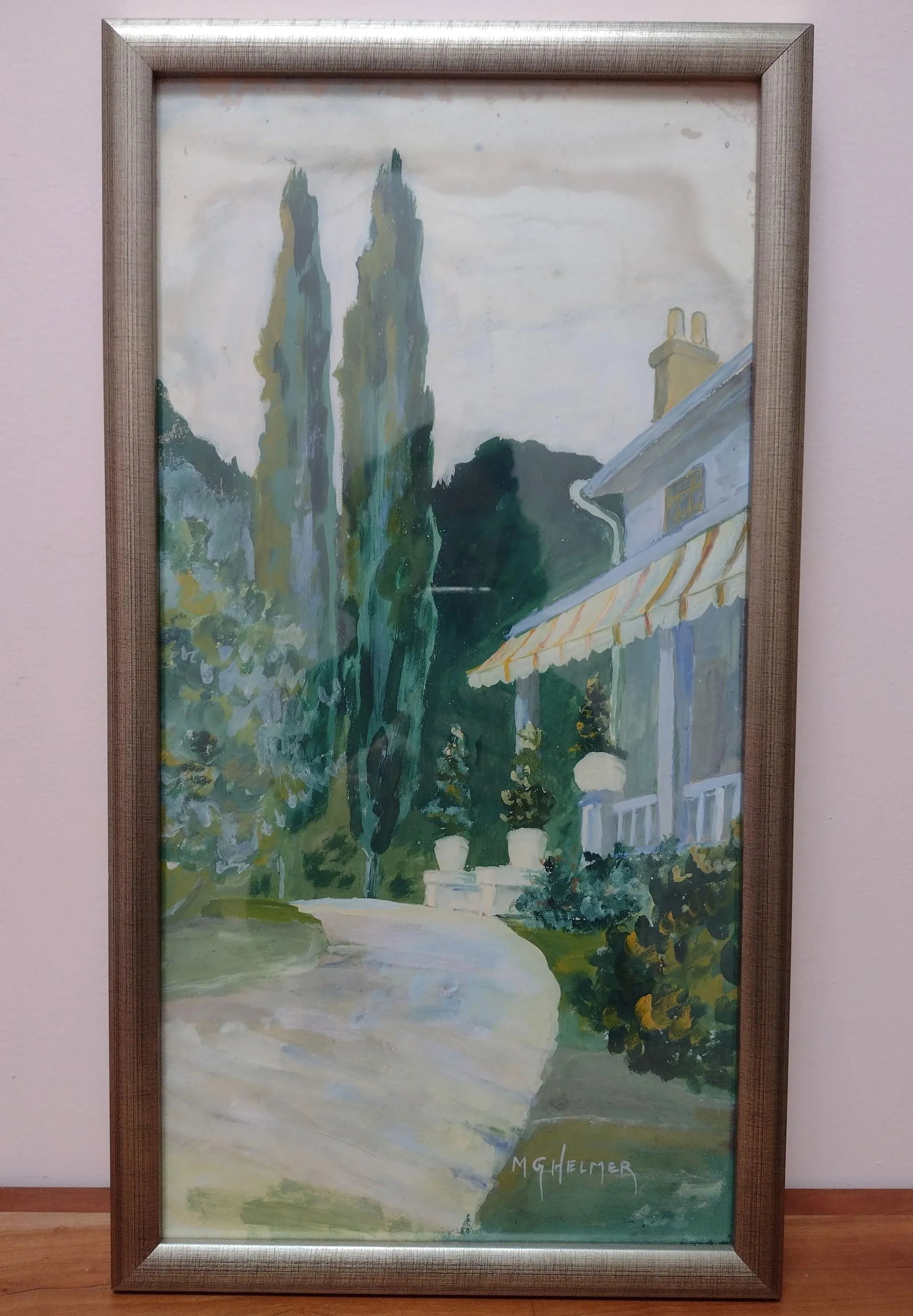 Vintage Impressionist House and Trees Green Painting, Framed - 7