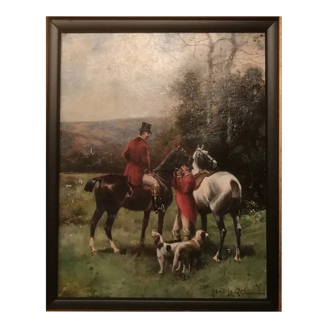 19th Century Scott Leighton Oil Painting: Oil on canvas by Scott Leighton(Massachusetts 1847-1898). An equestrian scene signed in the lower right and dated 1891. During the time this was painted Leighton had a studio in Boston. He was an anim