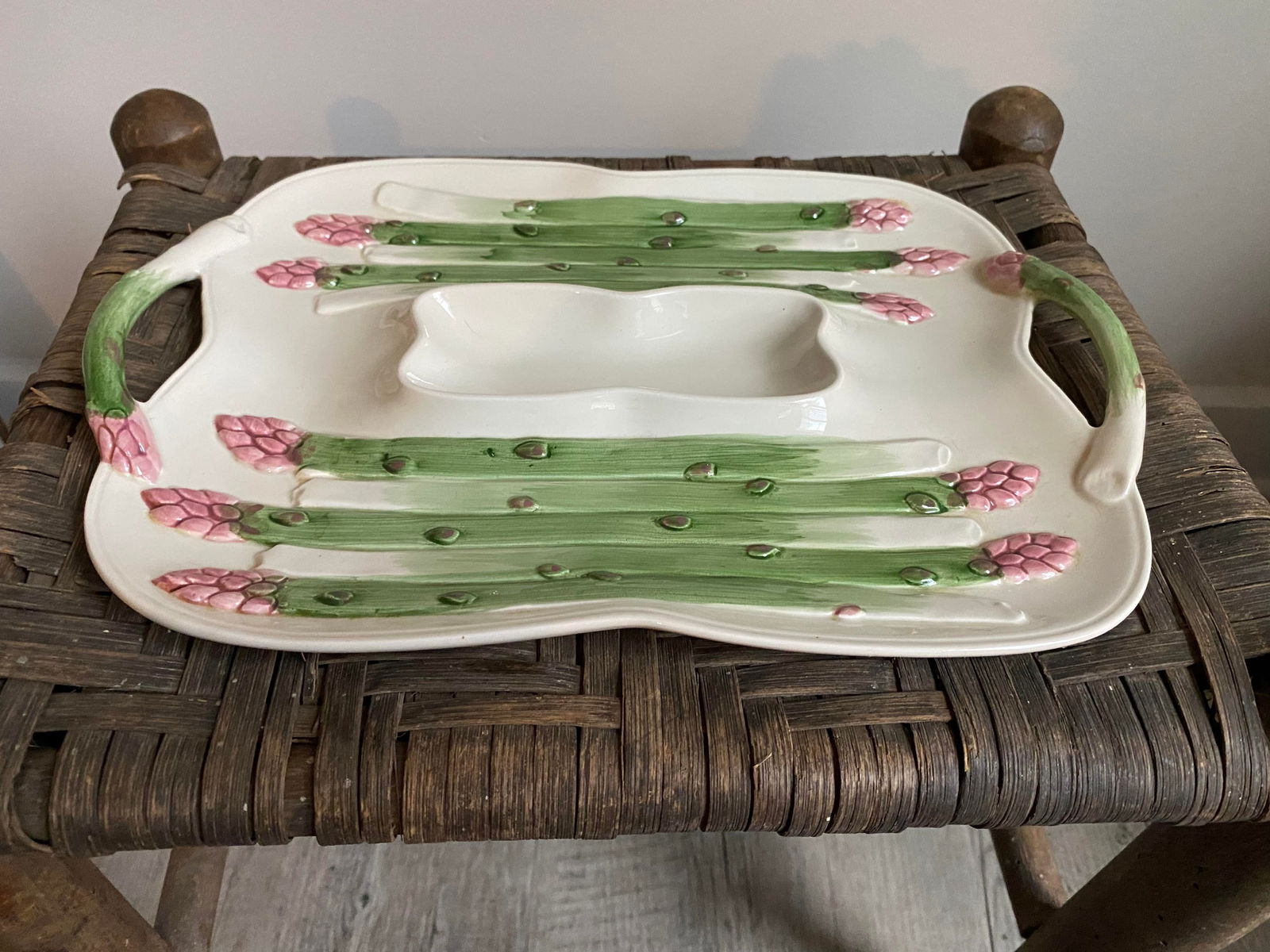 Vintage Fitz and Floyd Majolica Asparagus Tray With Dip Centerpiece - 6