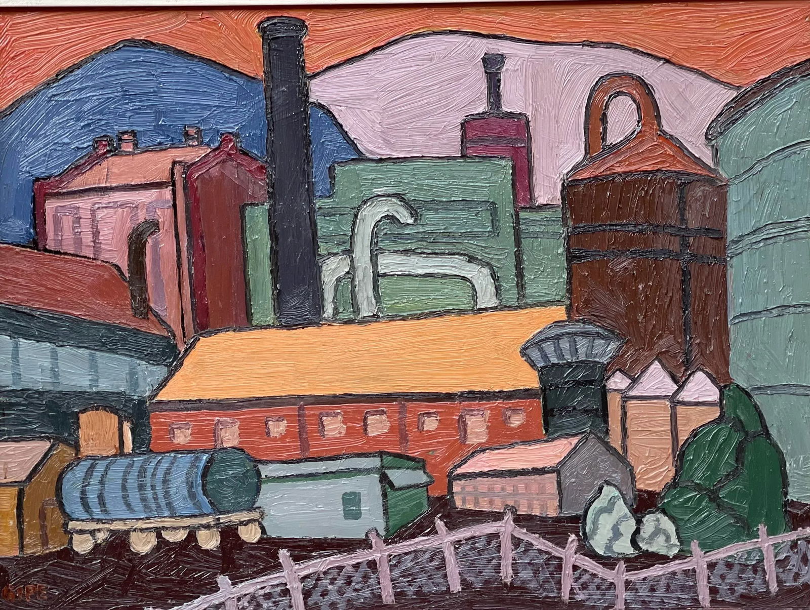 1950s Abstract by Ora Gipe. A Berkeley, California Urban Industrial Scene., Signed Oil Painting. - 3