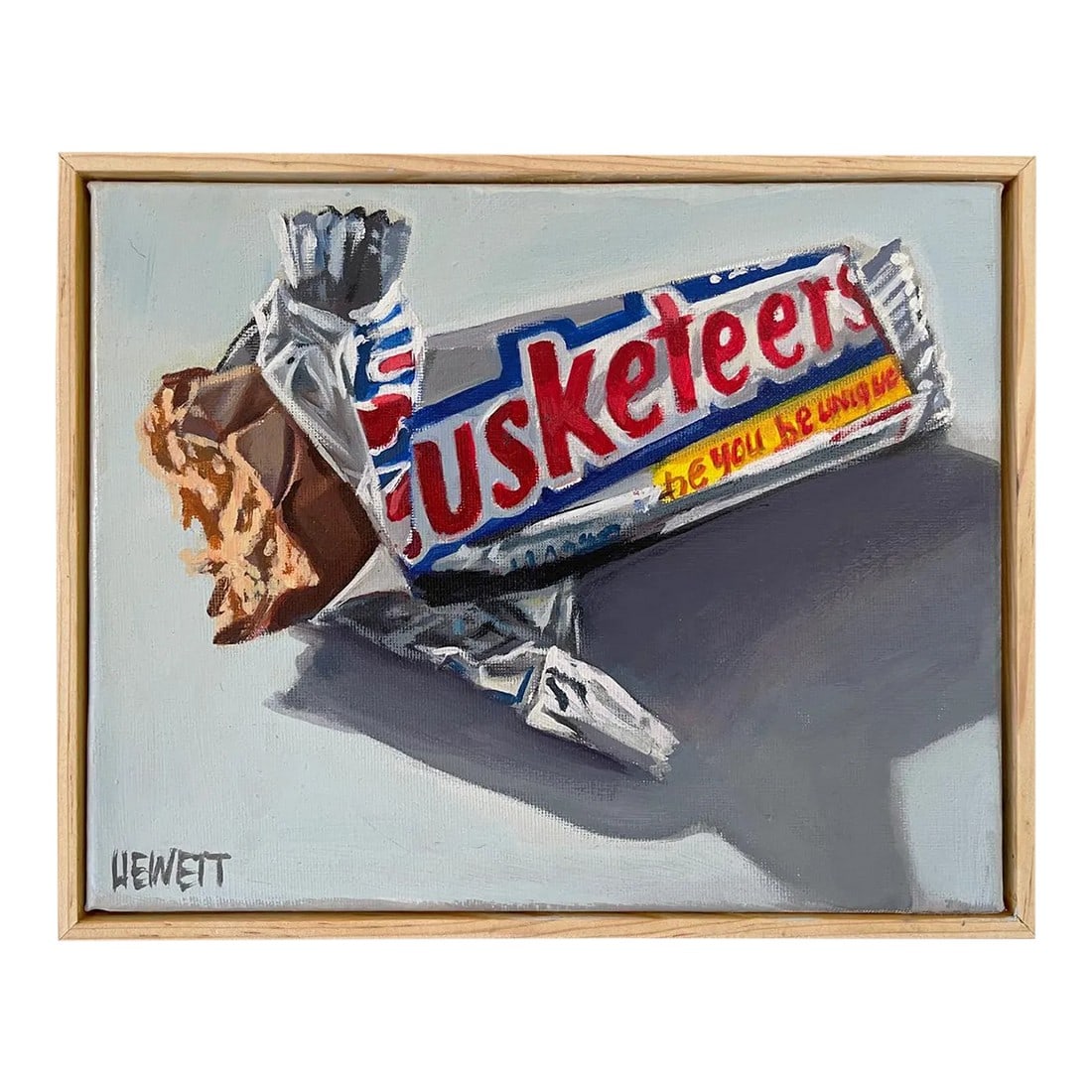 "3 Musketeers" Contemporary Original Realist Still Life Acrylic Painting, Framed: A still life painting of a classic 3 Musketeers bar, he transports the ordinary into art and couldn't resist a bite! Condition: Imperfections: No Imperfections Condition Notes: An original painting by