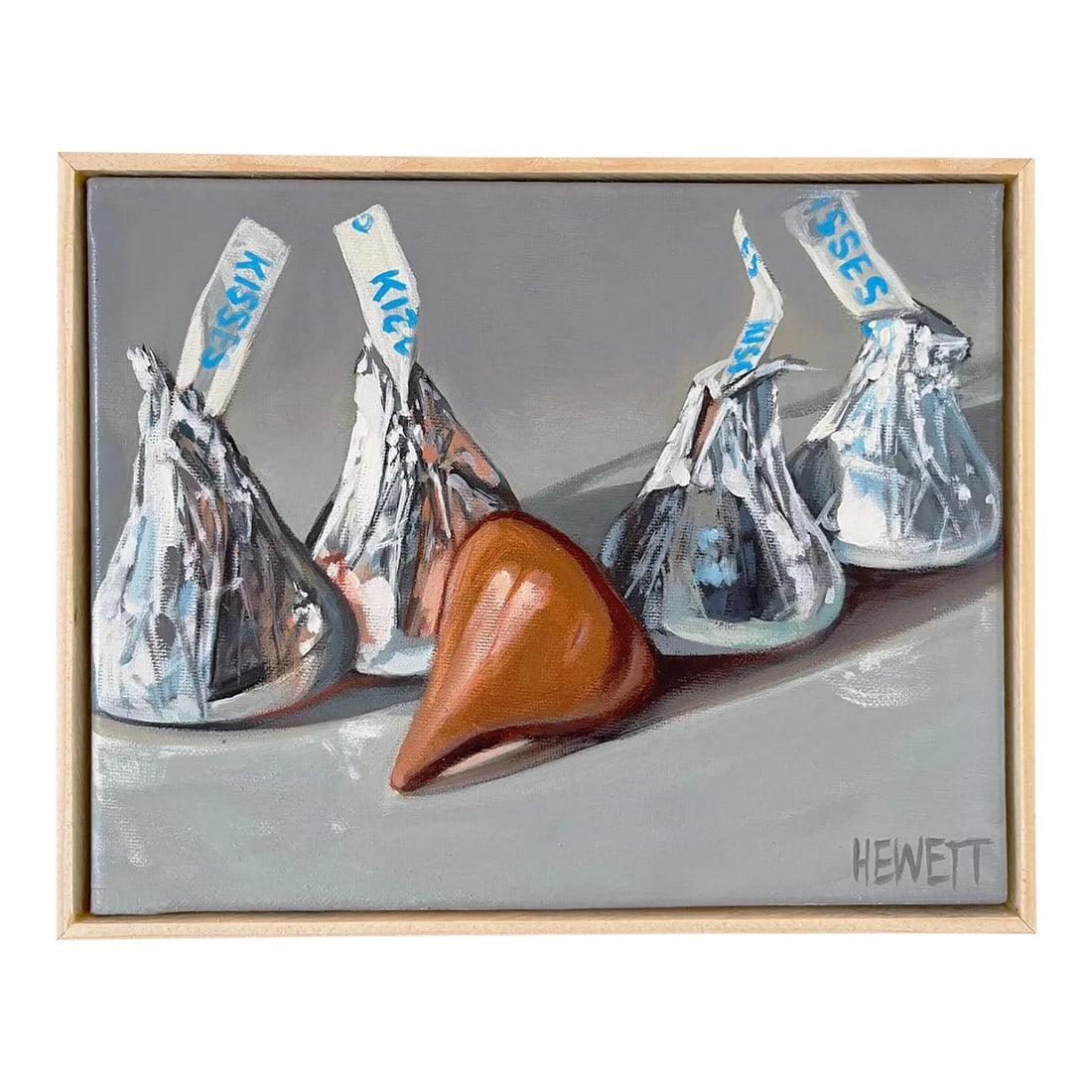 "5 Hershey Kisses" Contemporary Original Realist Still Life Acrylic Painting, Framed: A still-life painting of a line up of classic Hershey Kisses chocolates, one unwrapped. Condition: Imperfections: No Imperfections Condition Notes: This is an original painting by the artist Dimension