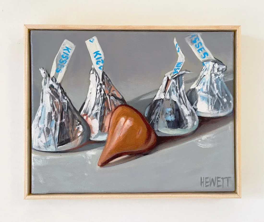 "5 Hershey Kisses" Contemporary Original Realist Still Life Acrylic Painting, Framed - 3