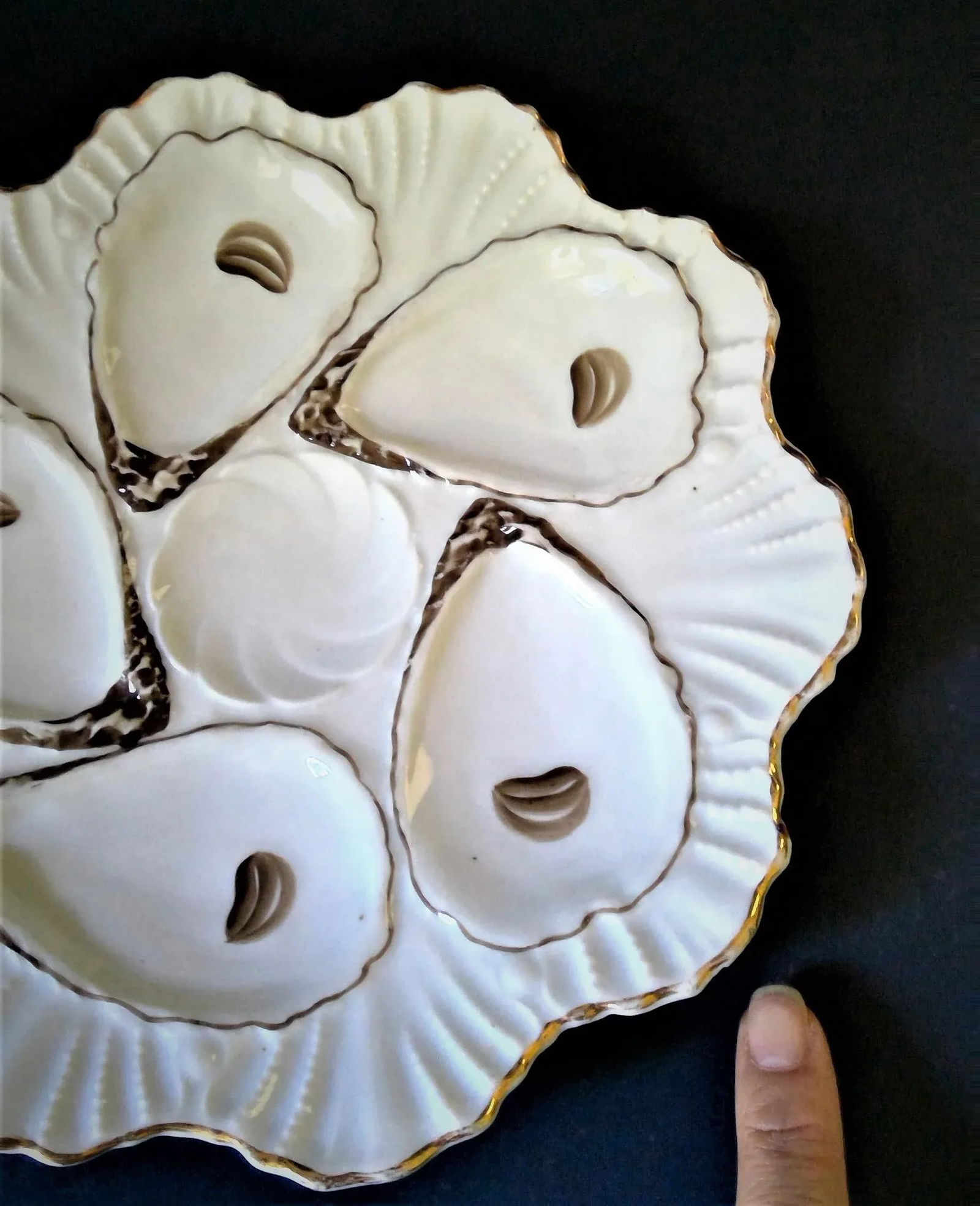 Antique Late 19th Century Registrirt 5 Well Oyster Plate 1880's With Gold Trim From Germany - 10