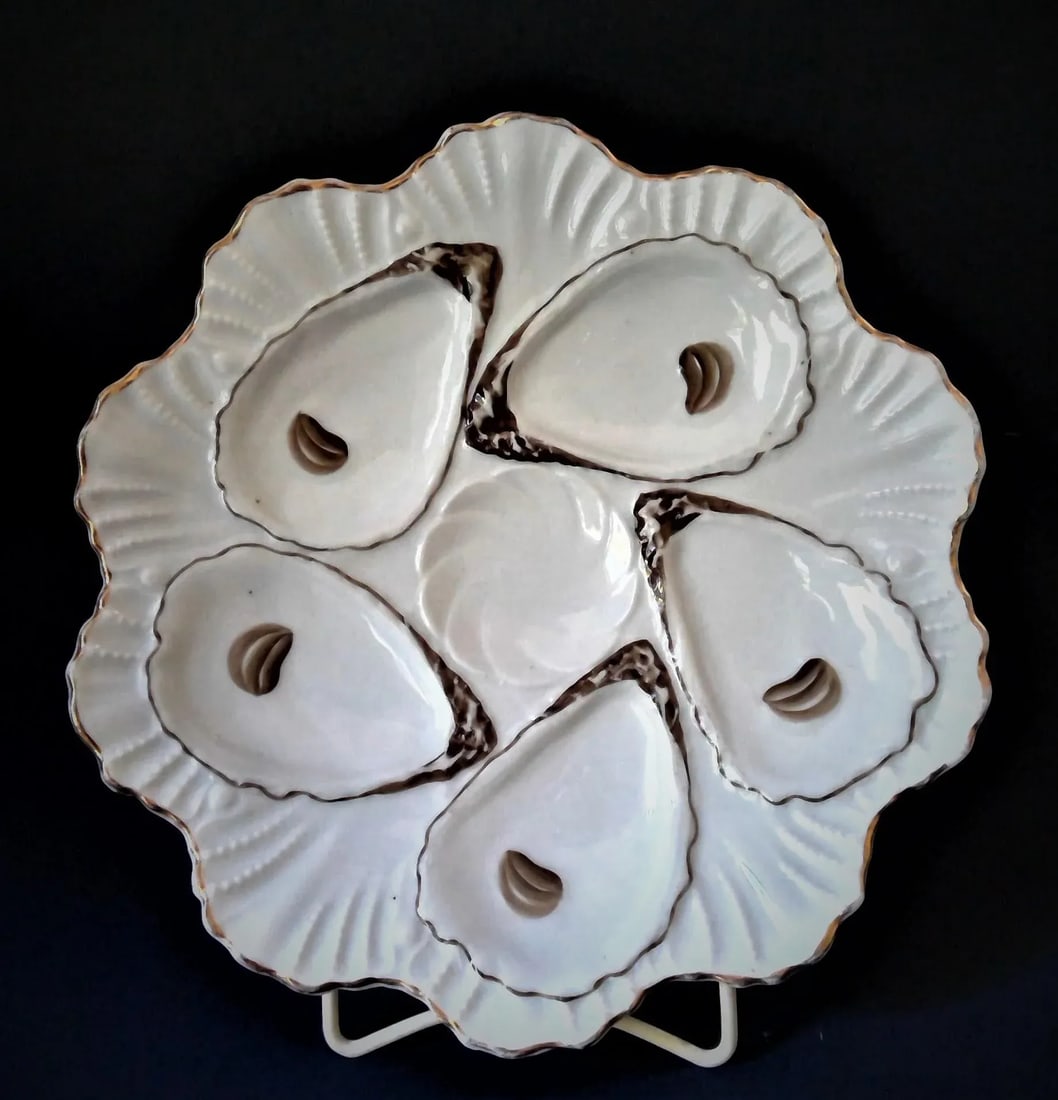 Antique Late 19th Century Registrirt 5 Well Oyster Plate 1880's With Gold Trim From Germany - 12