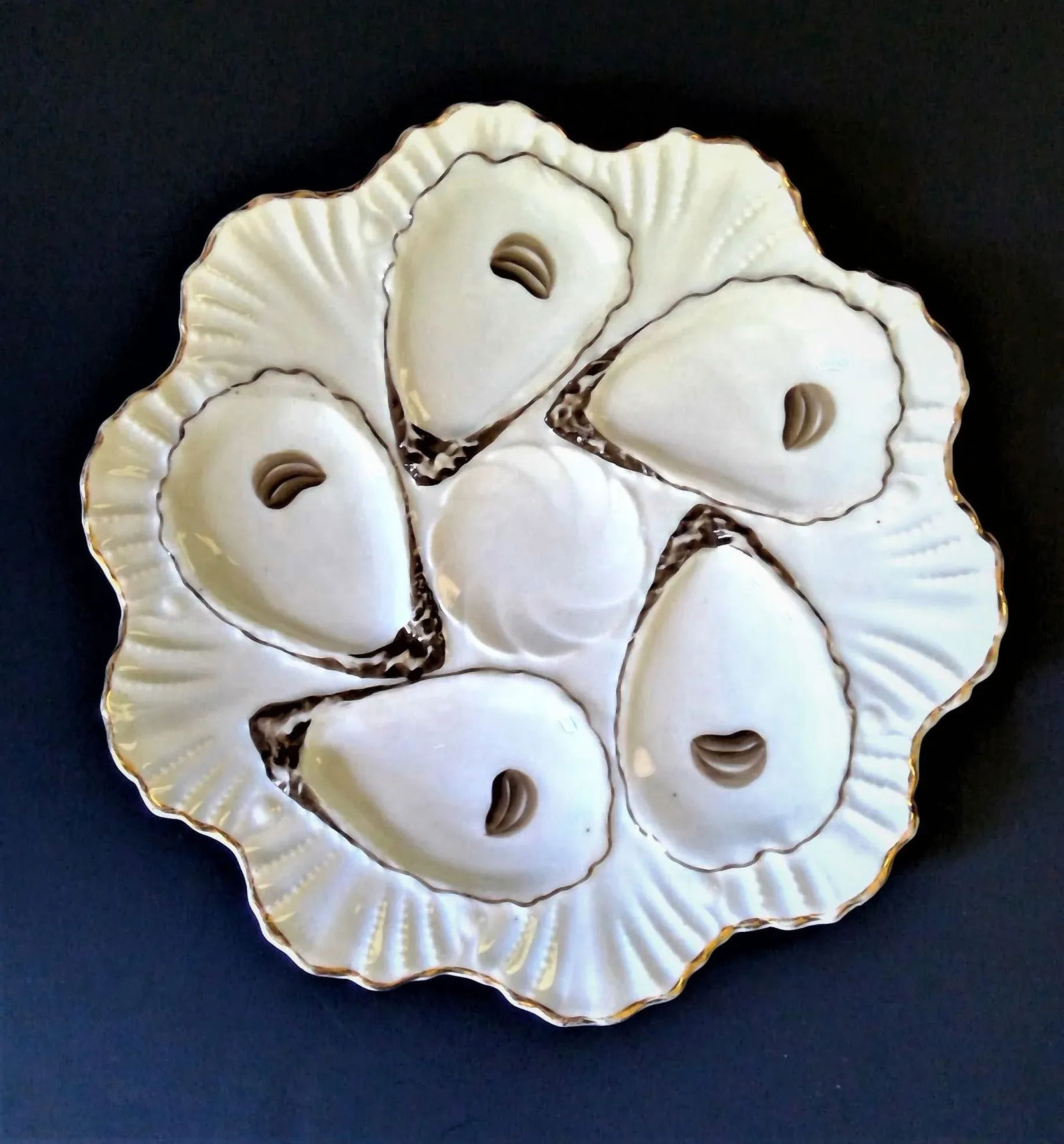 Antique Late 19th Century Registrirt 5 Well Oyster Plate 1880's With Gold Trim From Germany - 2
