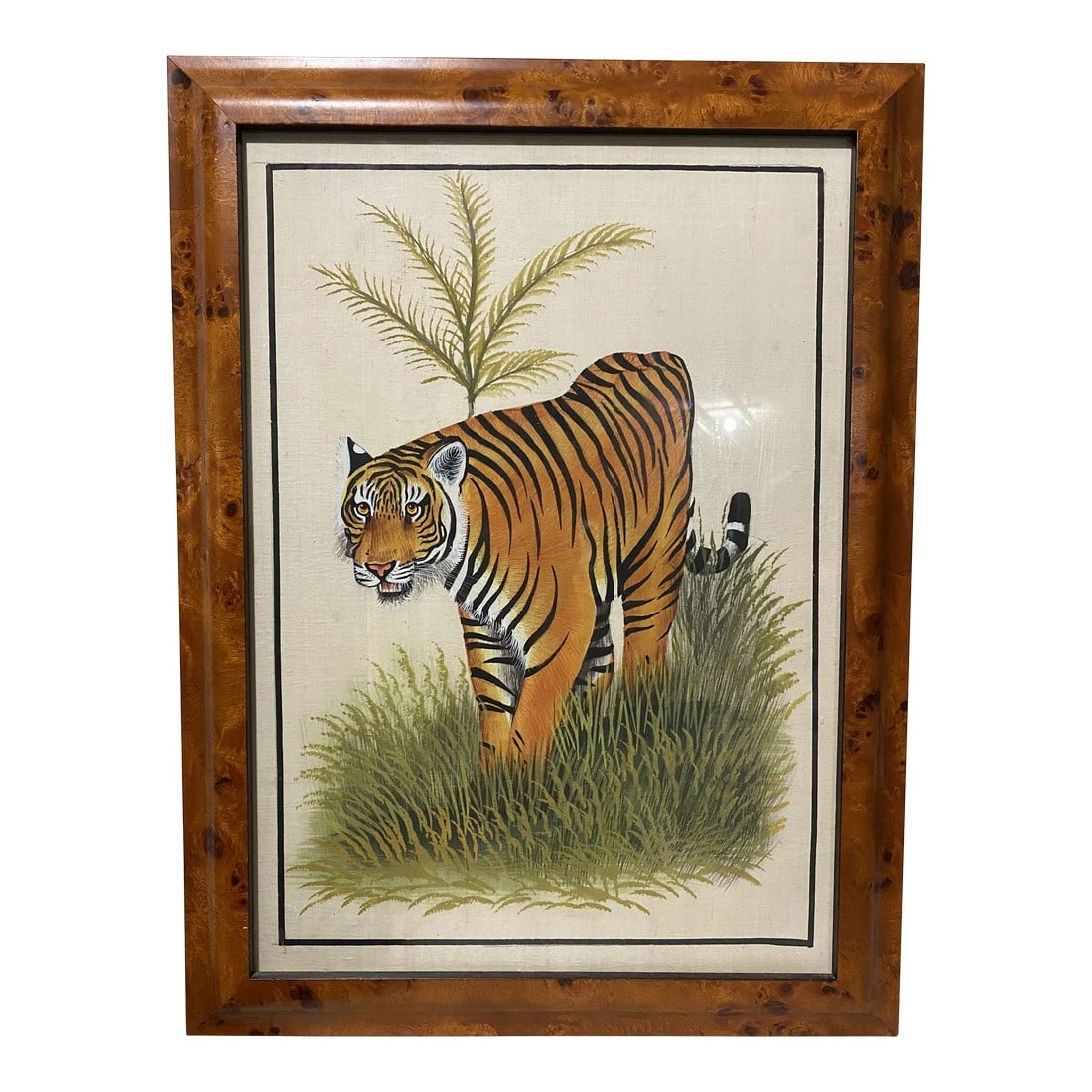 20th C. Burlwood Framed Tiger Painting (1 of 8)