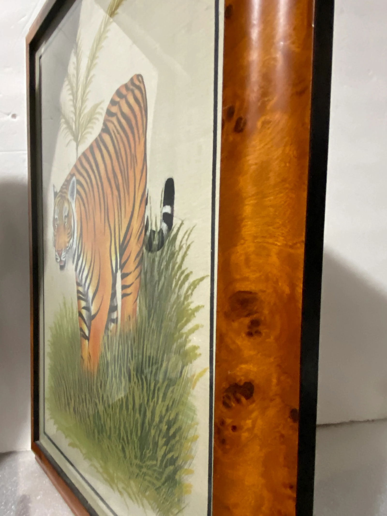 20th C. Burlwood Framed Tiger Painting - 5
