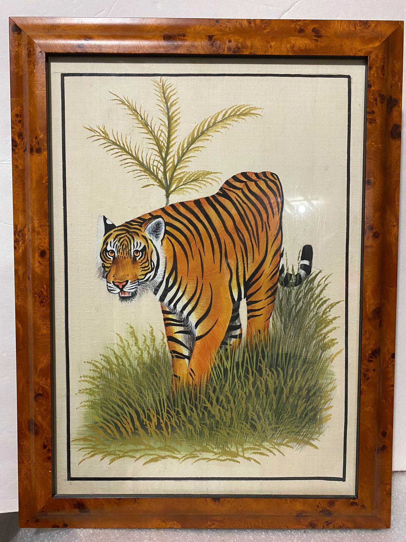20th C. Burlwood Framed Tiger Painting - 8