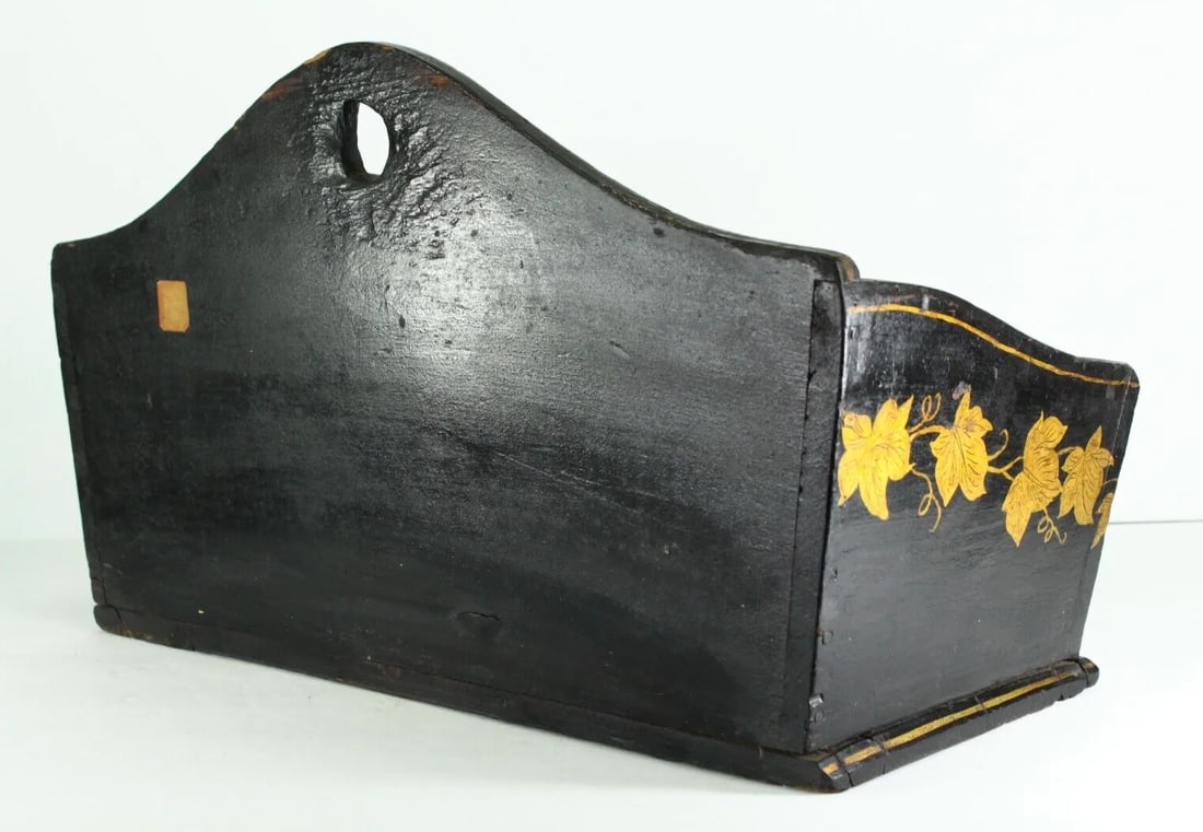 Early 19th Century Wooden Wall Pocket Black W. Painted Golden Ivy Wreaths New England - 11