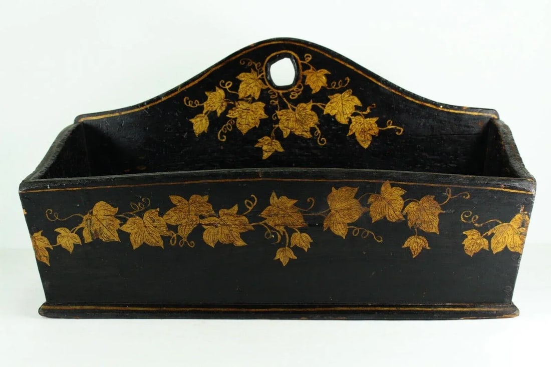 Early 19th Century Wooden Wall Pocket Black W. Painted Golden Ivy Wreaths New England - 13