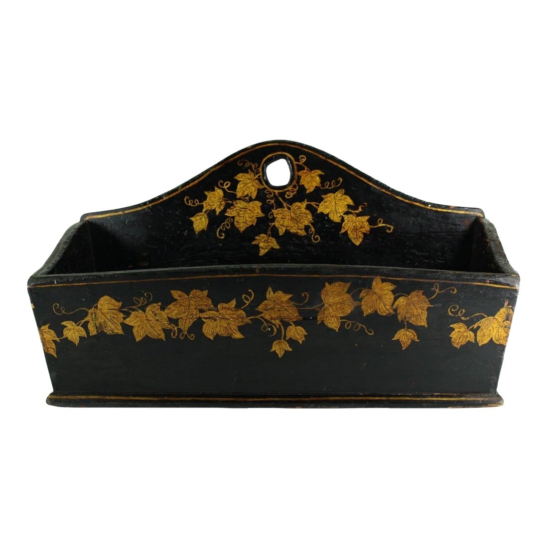 Early 19th Century Wooden Wall Pocket Black W. Painted Golden Ivy Wreaths New England (1 of 13)