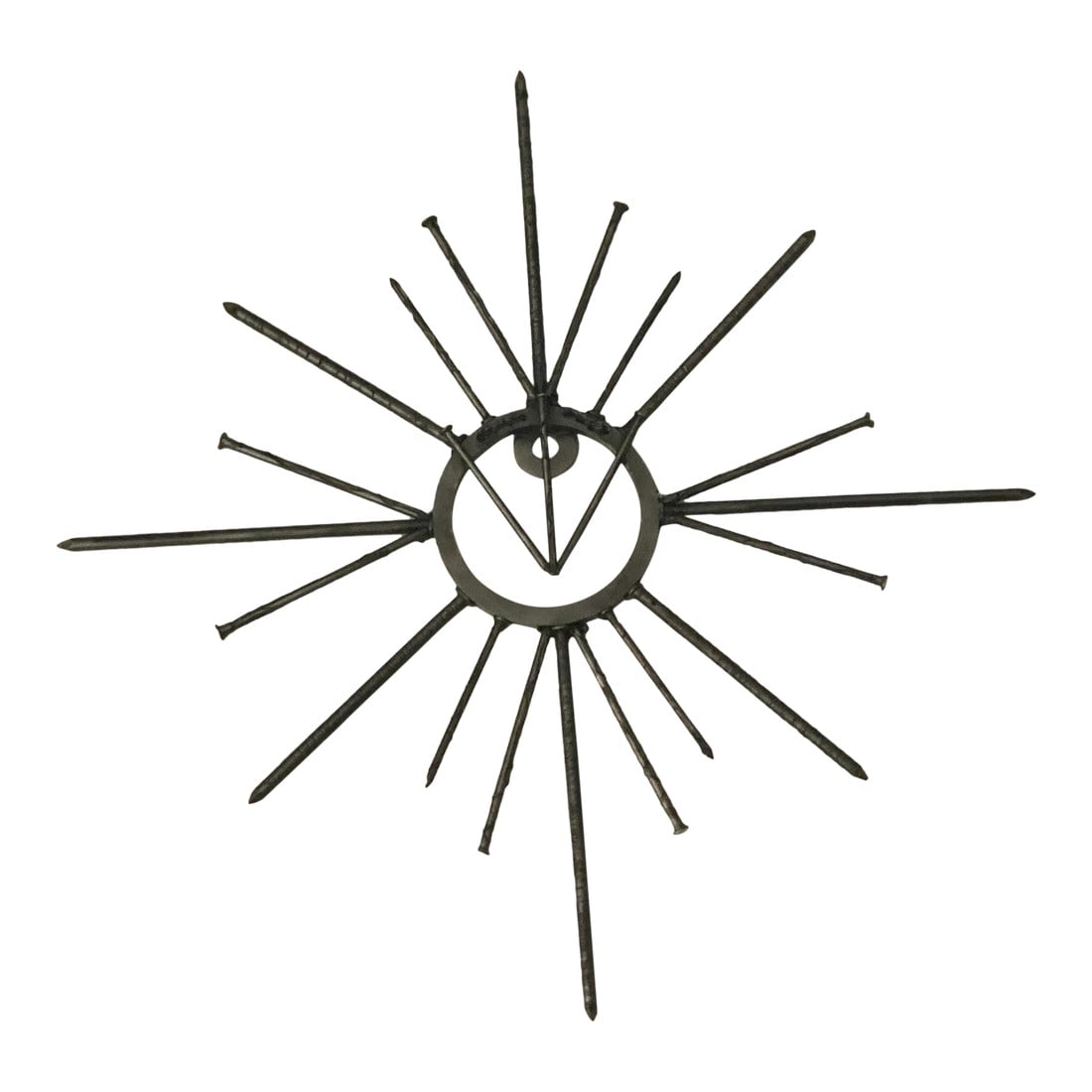 Mid 19th Century Brutalist Abstract Nail Wall Sculptor: Rare Brutalist nail wall sculpture. This unique metal find is in great condition and ready to hang on the wall. You could also a mirror to the center circle. Condition: Alterations: Original Condition