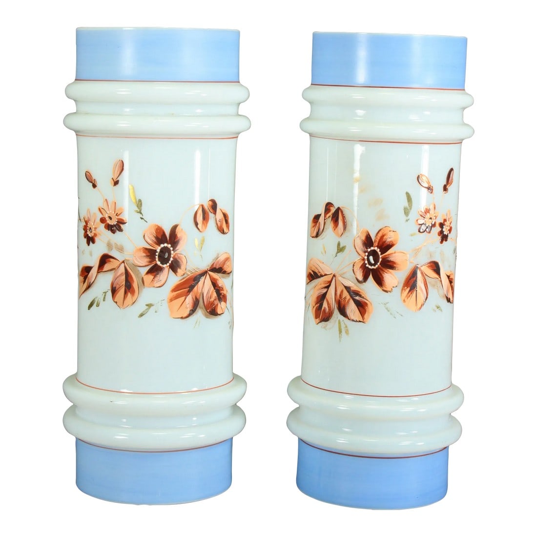 Pair of Victorian 19th/20th Century Bristol Glass Vases, Opaque White Painted Flowers: A beautiful pair of glass vases Blown opaque white glass with satin finish and sky blue base and trim Cylindrical form with raised rings Hand painted decoration up front with a botanical floral patter
