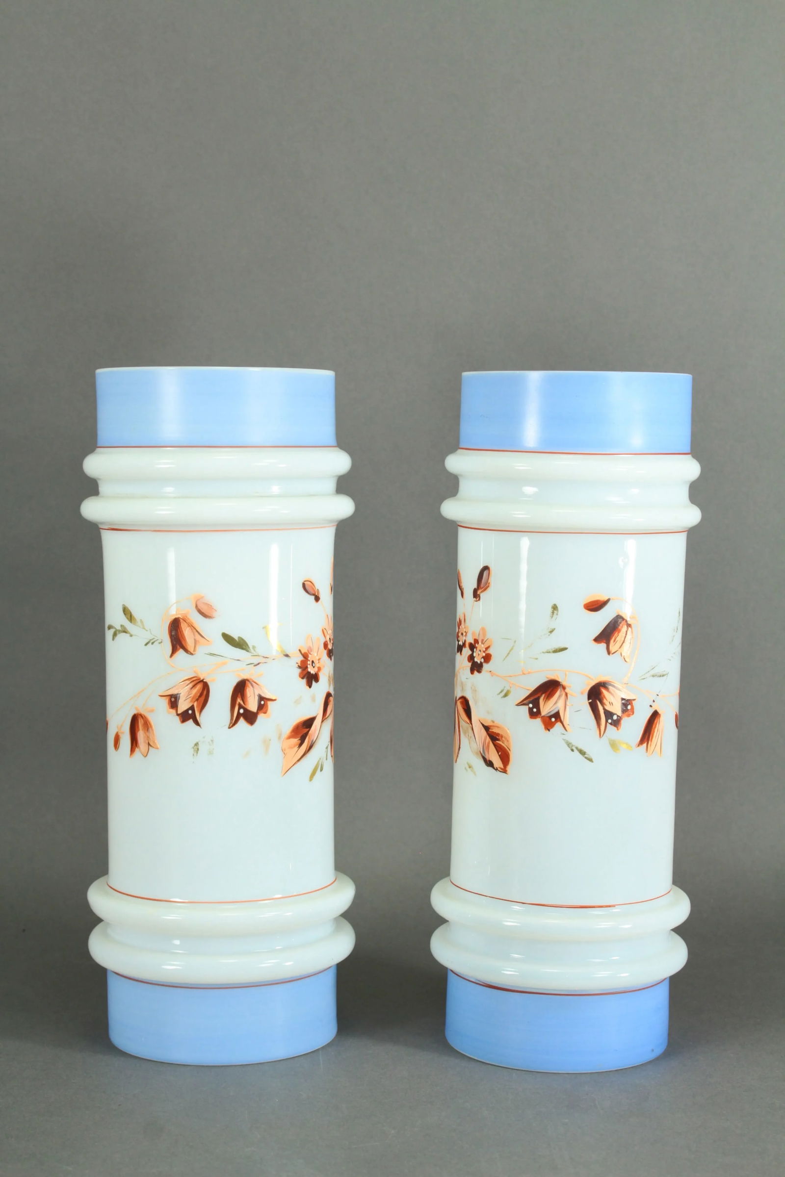 Pair of Victorian 19th/20th Century Bristol Glass Vases, Opaque White Painted Flowers - 2