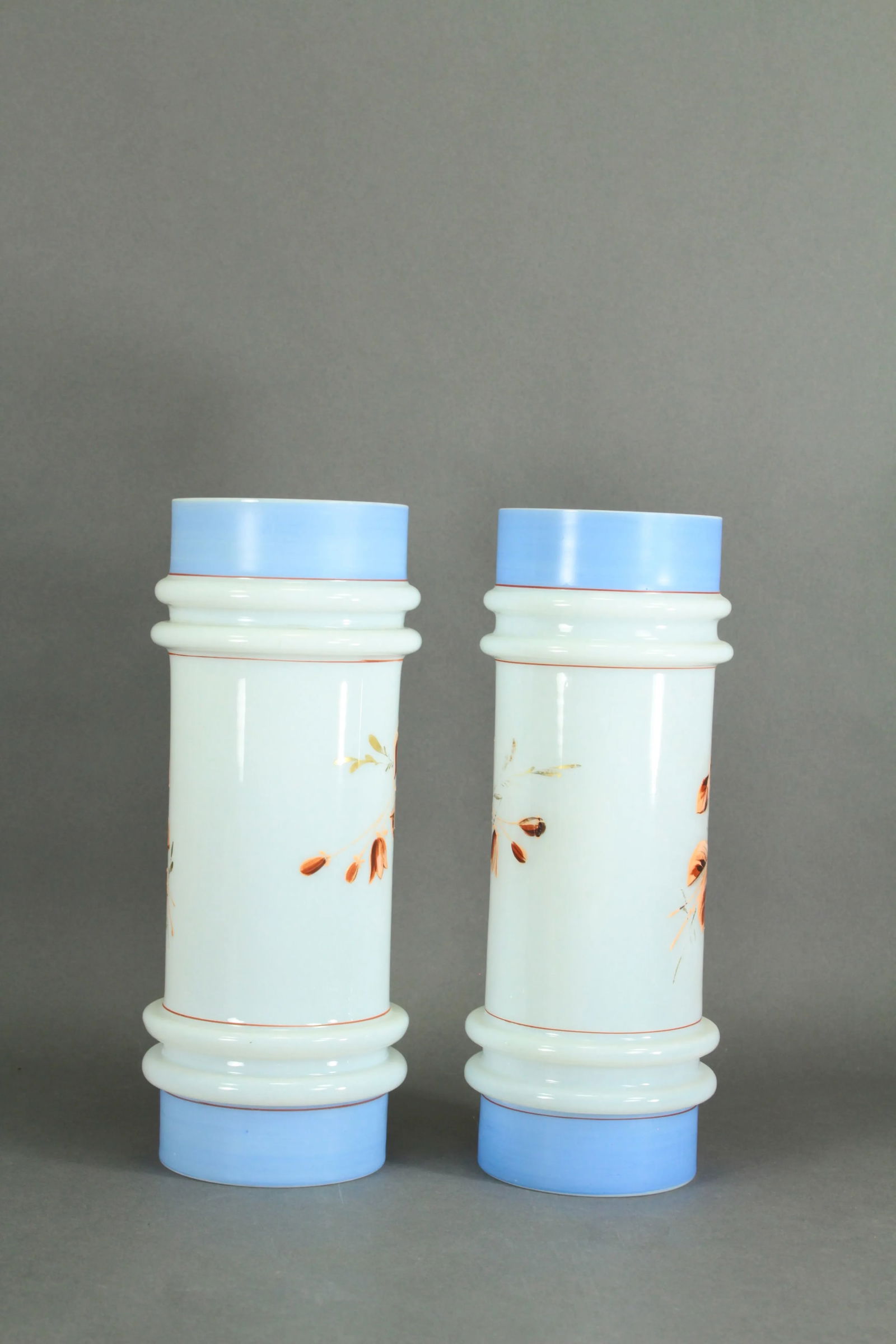 Pair of Victorian 19th/20th Century Bristol Glass Vases, Opaque White Painted Flowers - 3