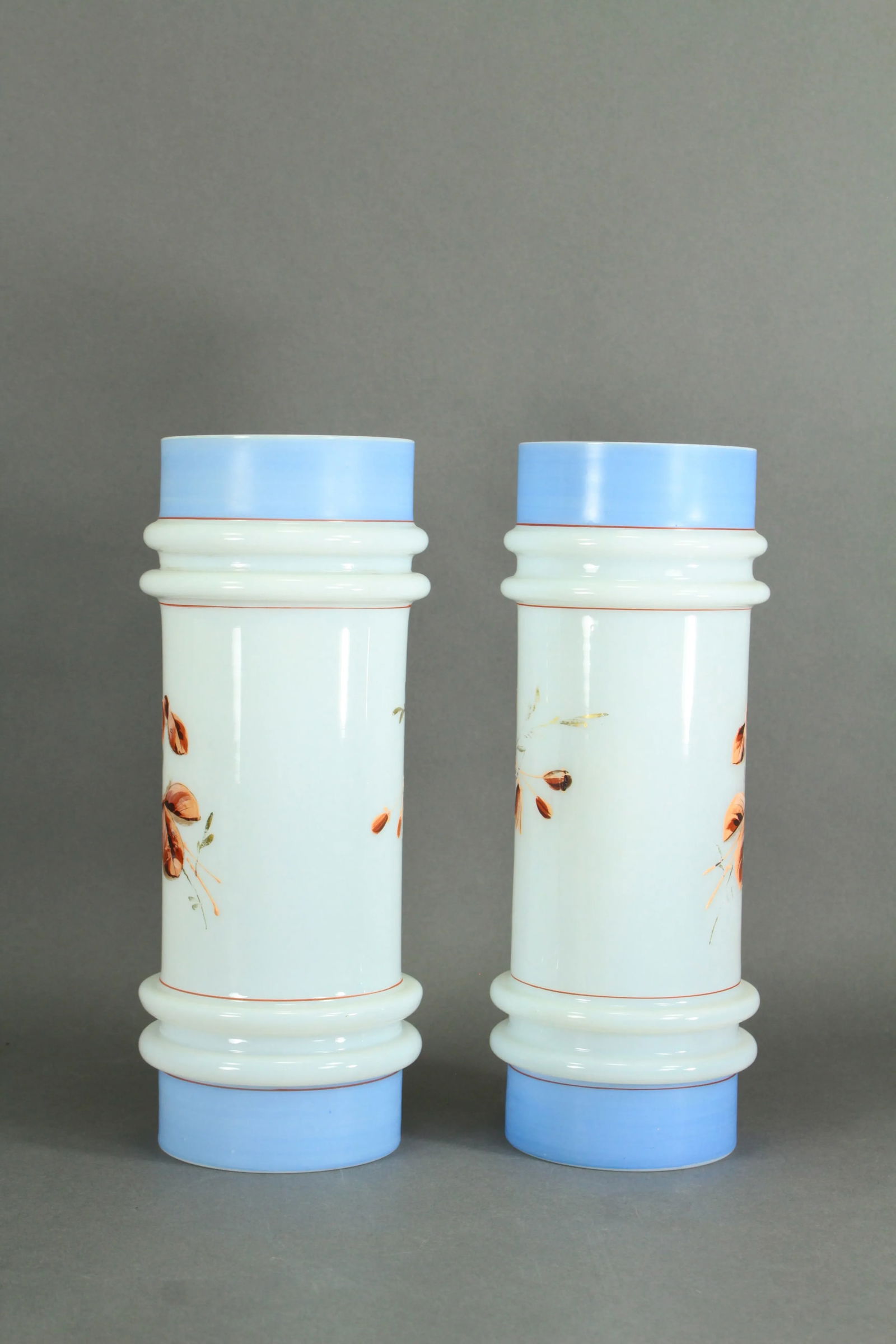 Pair of Victorian 19th/20th Century Bristol Glass Vases, Opaque White Painted Flowers - 4