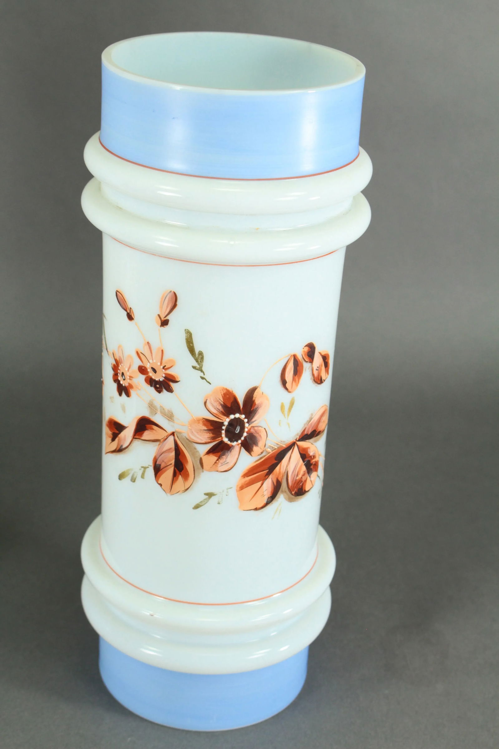 Pair of Victorian 19th/20th Century Bristol Glass Vases, Opaque White Painted Flowers - 7