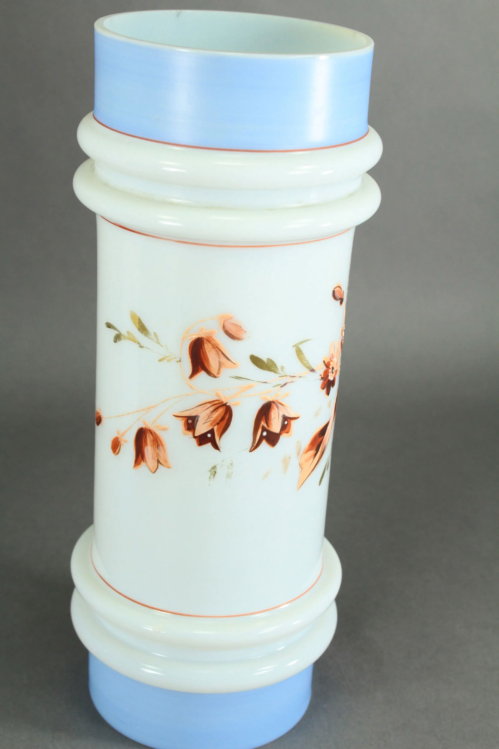 Pair of Victorian 19th/20th Century Bristol Glass Vases, Opaque White Painted Flowers - 9