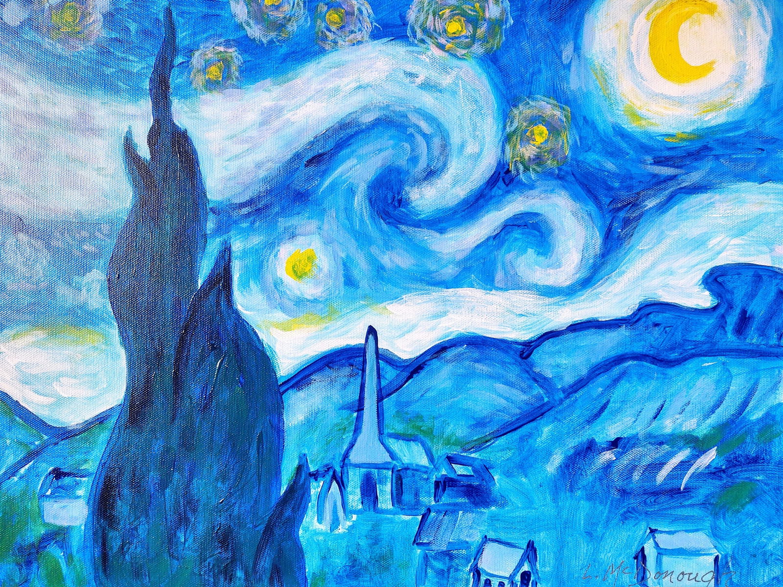 "A Tribute to Van Gogh's Starry Night" Contemporary Post-Impressionist Landscape Painting by Linda M - 7