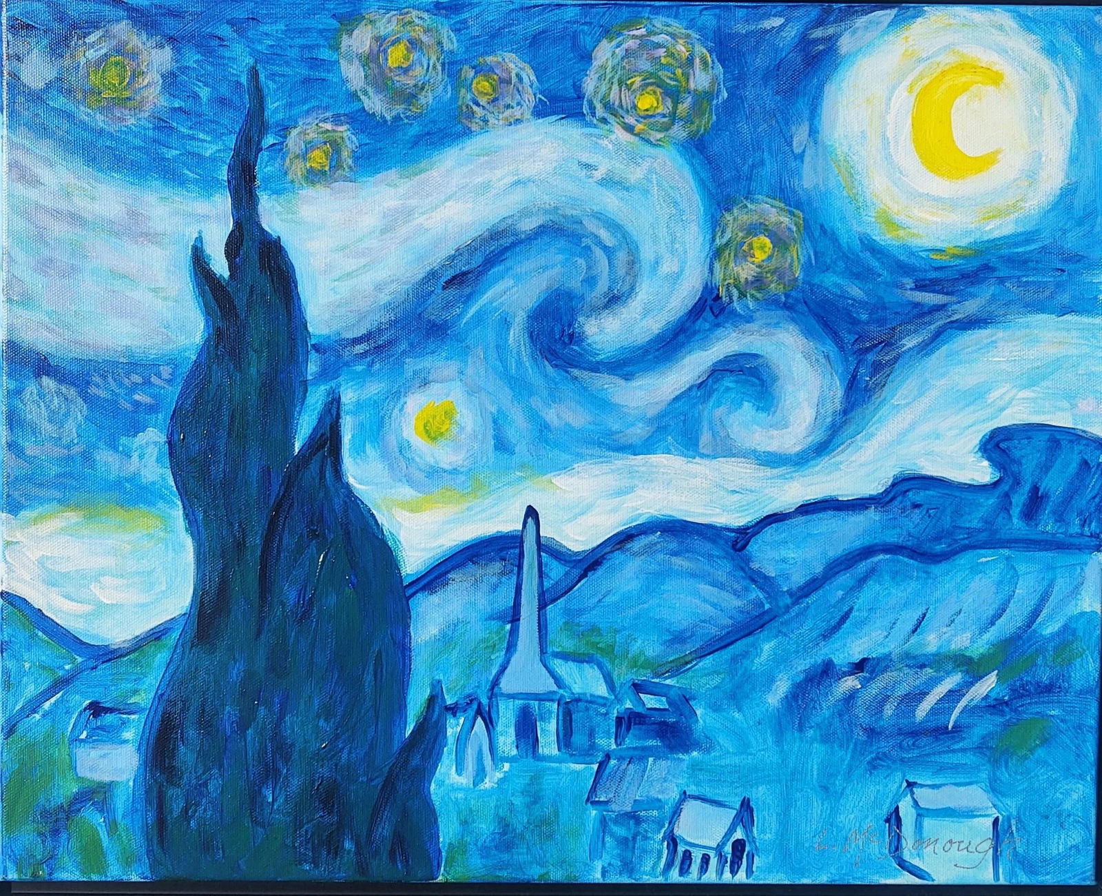"A Tribute to Van Gogh's Starry Night" Contemporary Post-Impressionist Landscape Painting by Linda M - 8