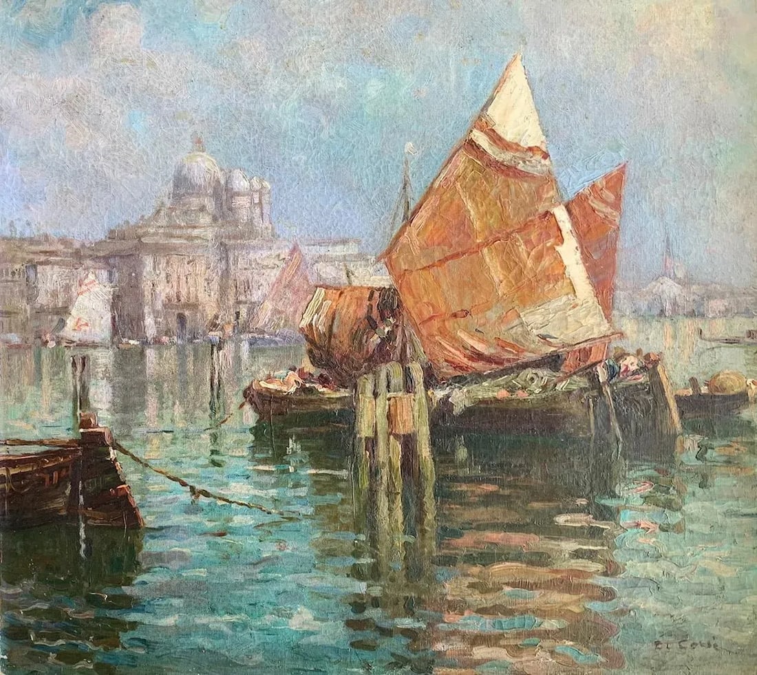 Early 20th Century "Saint Marks, Italy" Maritime Harbor Scene Oil Painting, Framed - 2